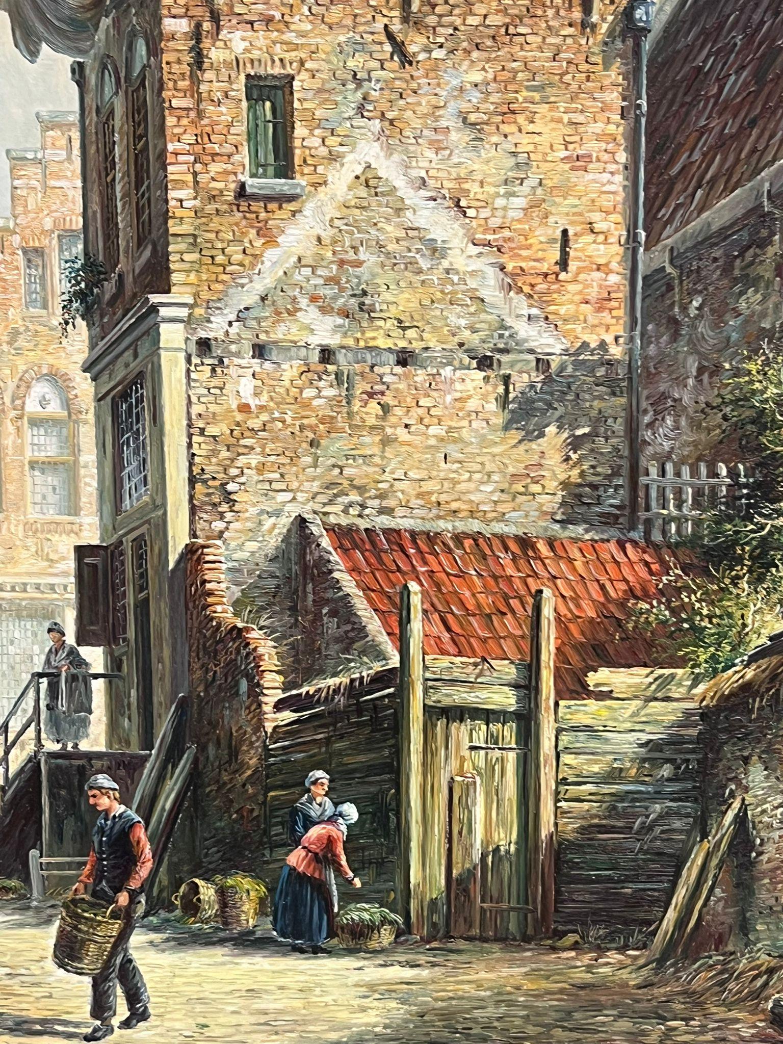 Huile classique hollandaise sur la rue d'une vieille ville avec des personnages et des bâtiments anciens, signée et encadrée - Moderne Painting par Jonny Gaston