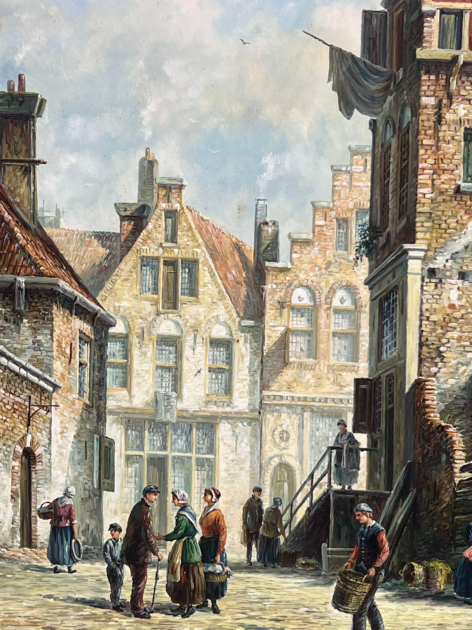 Huile classique hollandaise sur la rue d'une vieille ville avec des personnages et des bâtiments anciens, signée et encadrée - Marron Landscape Painting par Jonny Gaston