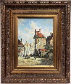 Classical Dutch Old City Street Scene Figures Old Buildings Signed & Framed Oil