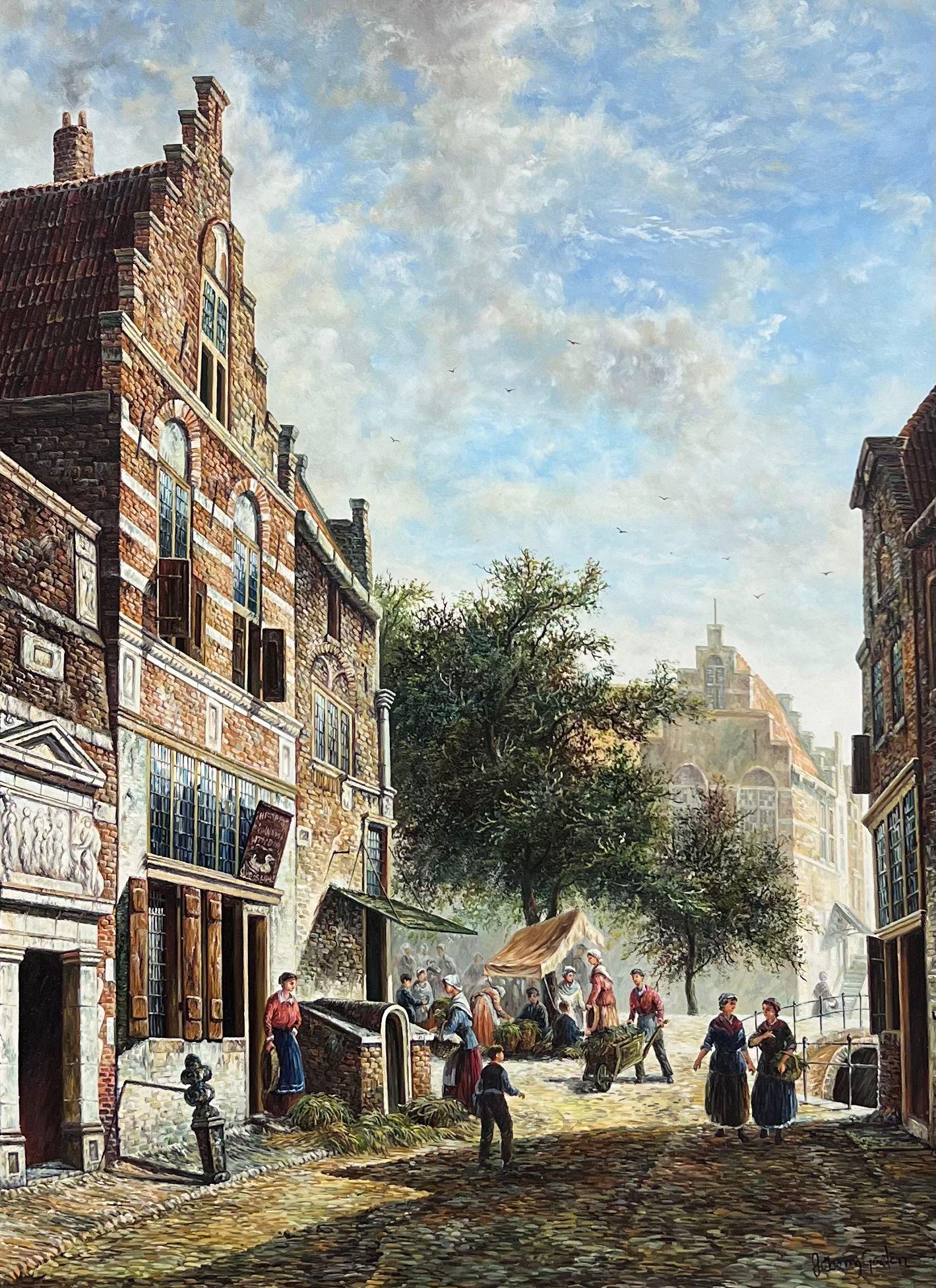 Classical Dutch Street Scene Signed Oil Painting Gilt Framed - Brown Landscape Painting by Jonny Gaston