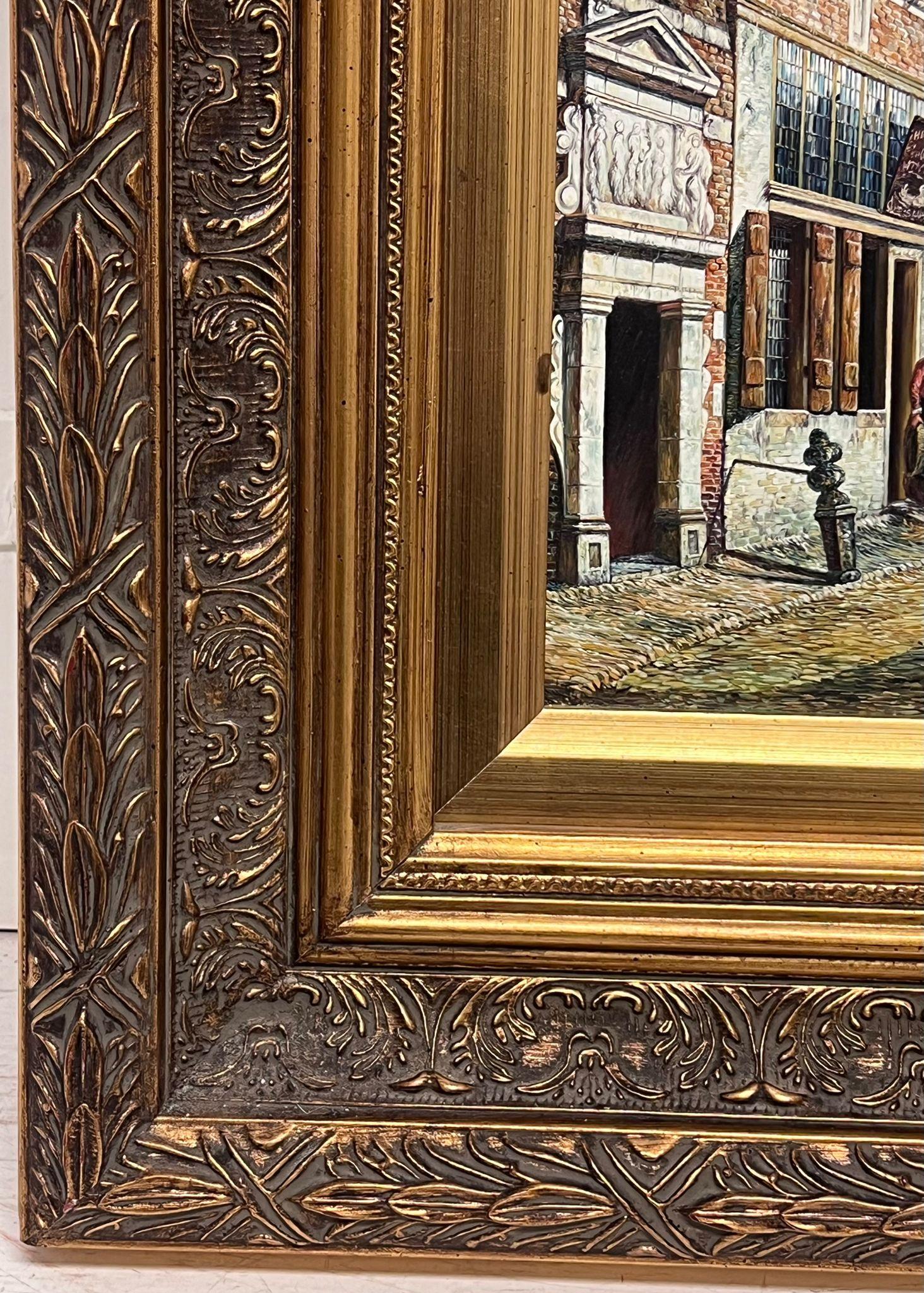 Classical Dutch Street Scene Signed Oil Painting Gilt Framed For Sale 2