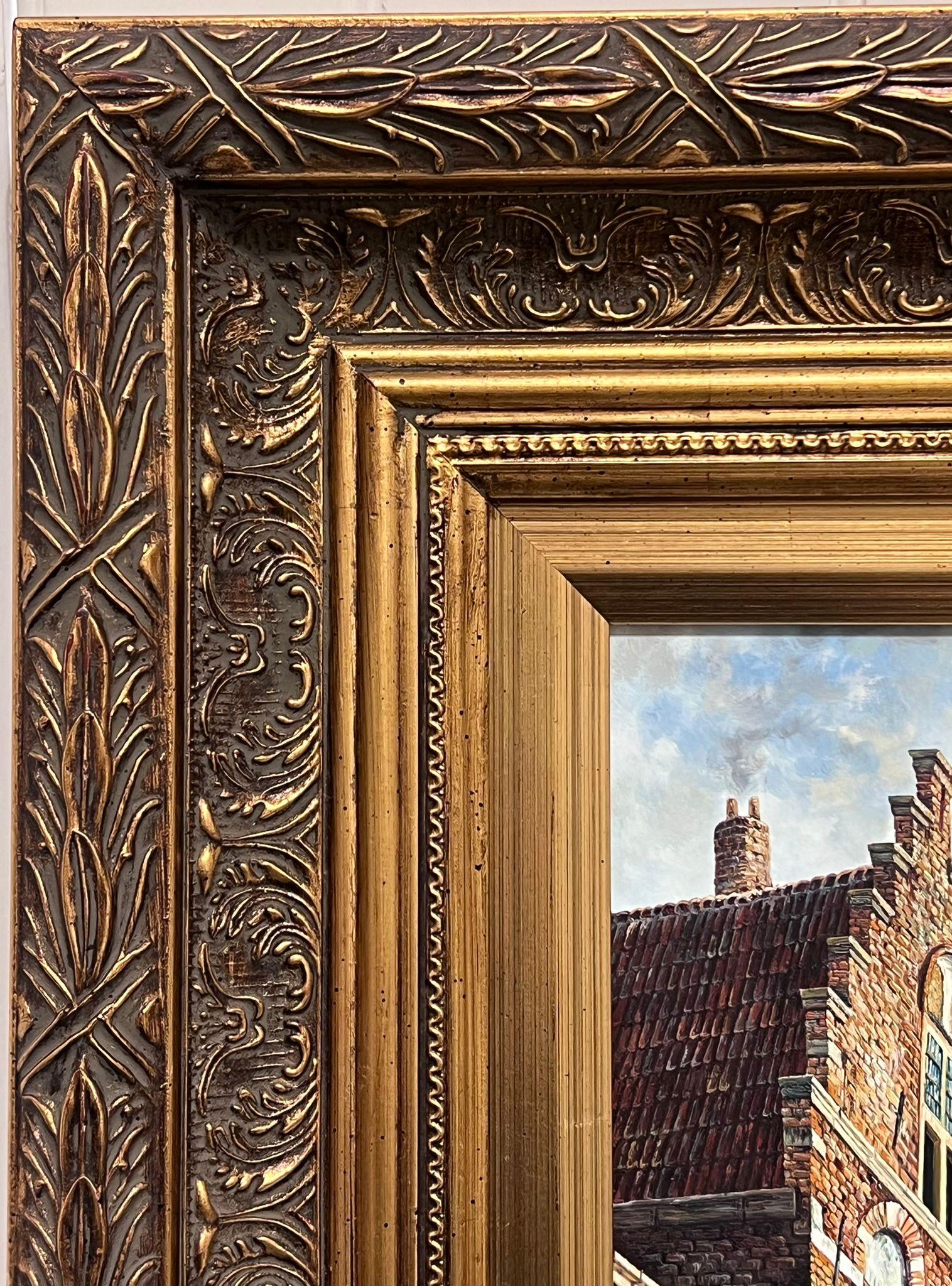 Classical Dutch Street Scene Signed Oil Painting Gilt Framed For Sale 3