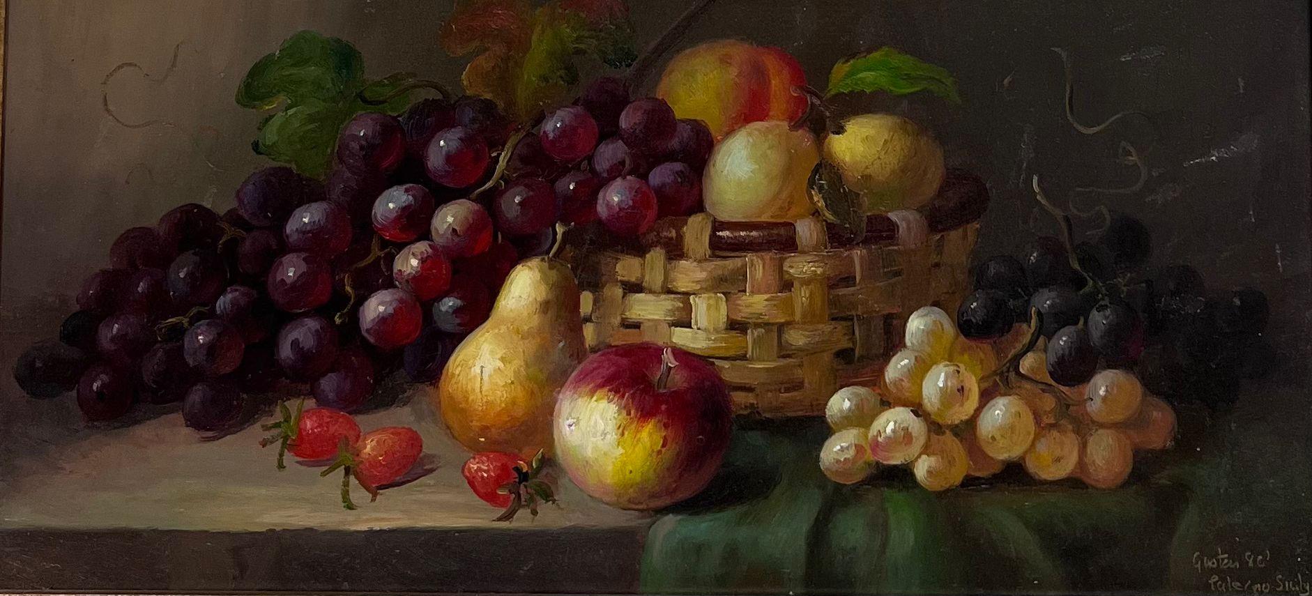 Fino bodegón clásico Fruta en cesta de mimbre Cuadro al óleo firmado Marco dorado - Painting de Jonny Gaston