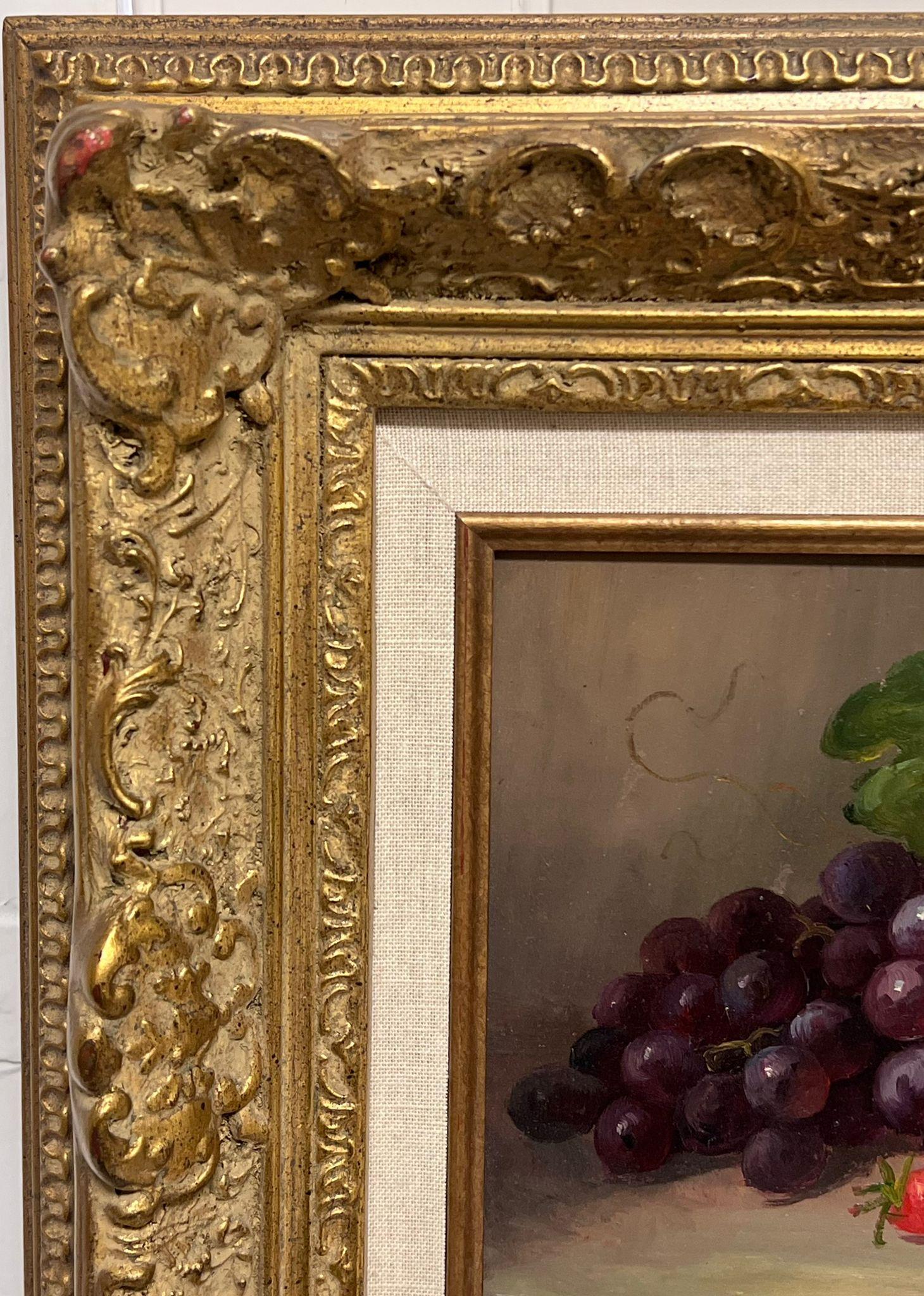 Fino bodegón clásico Fruta en cesta de mimbre Cuadro al óleo firmado Marco dorado - Painting Escuela inglesa de Jonny Gaston