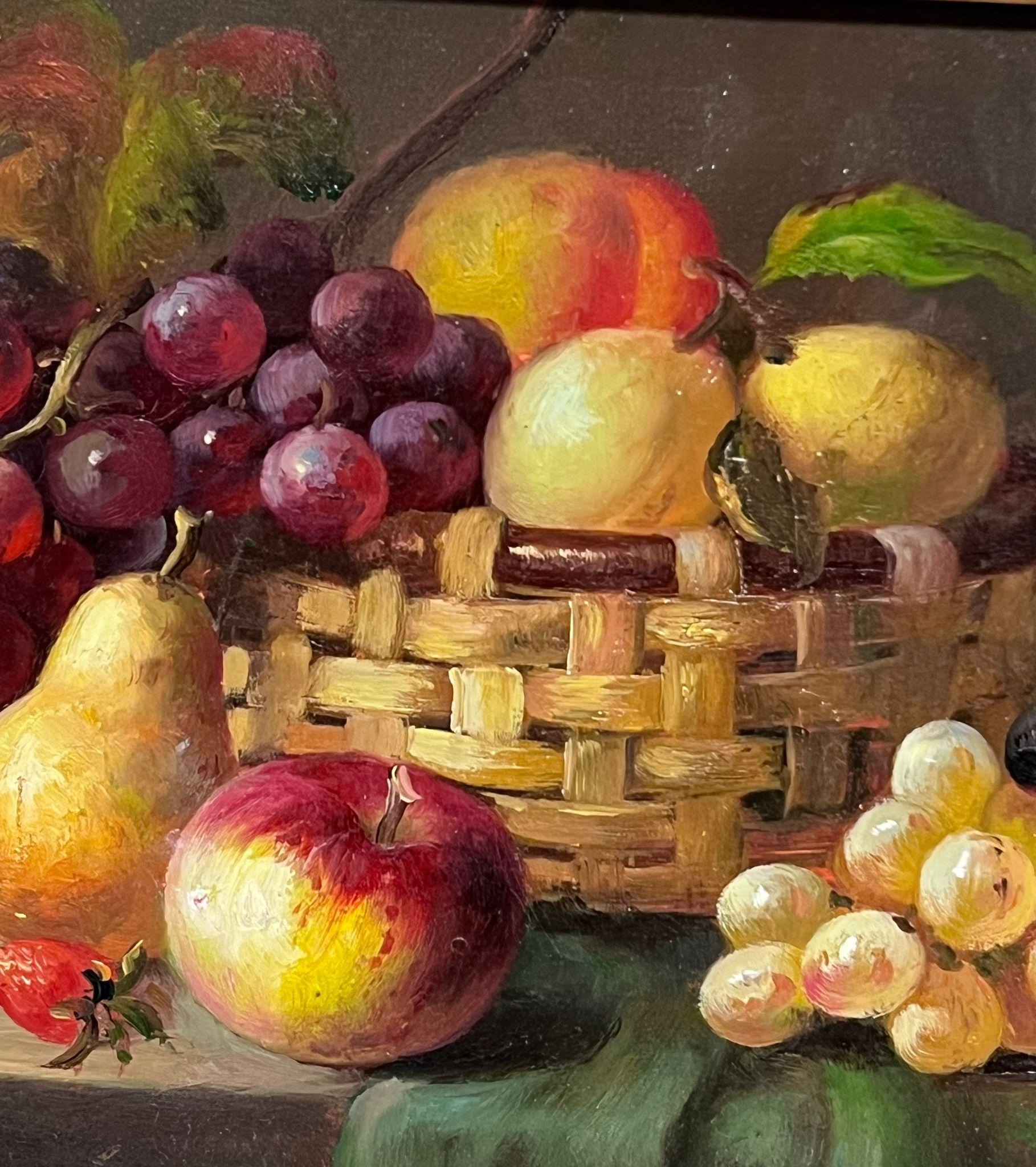 Fino bodegón clásico Fruta en cesta de mimbre Cuadro al óleo firmado Marco dorado - Still-Life Painting Marrón de Jonny Gaston