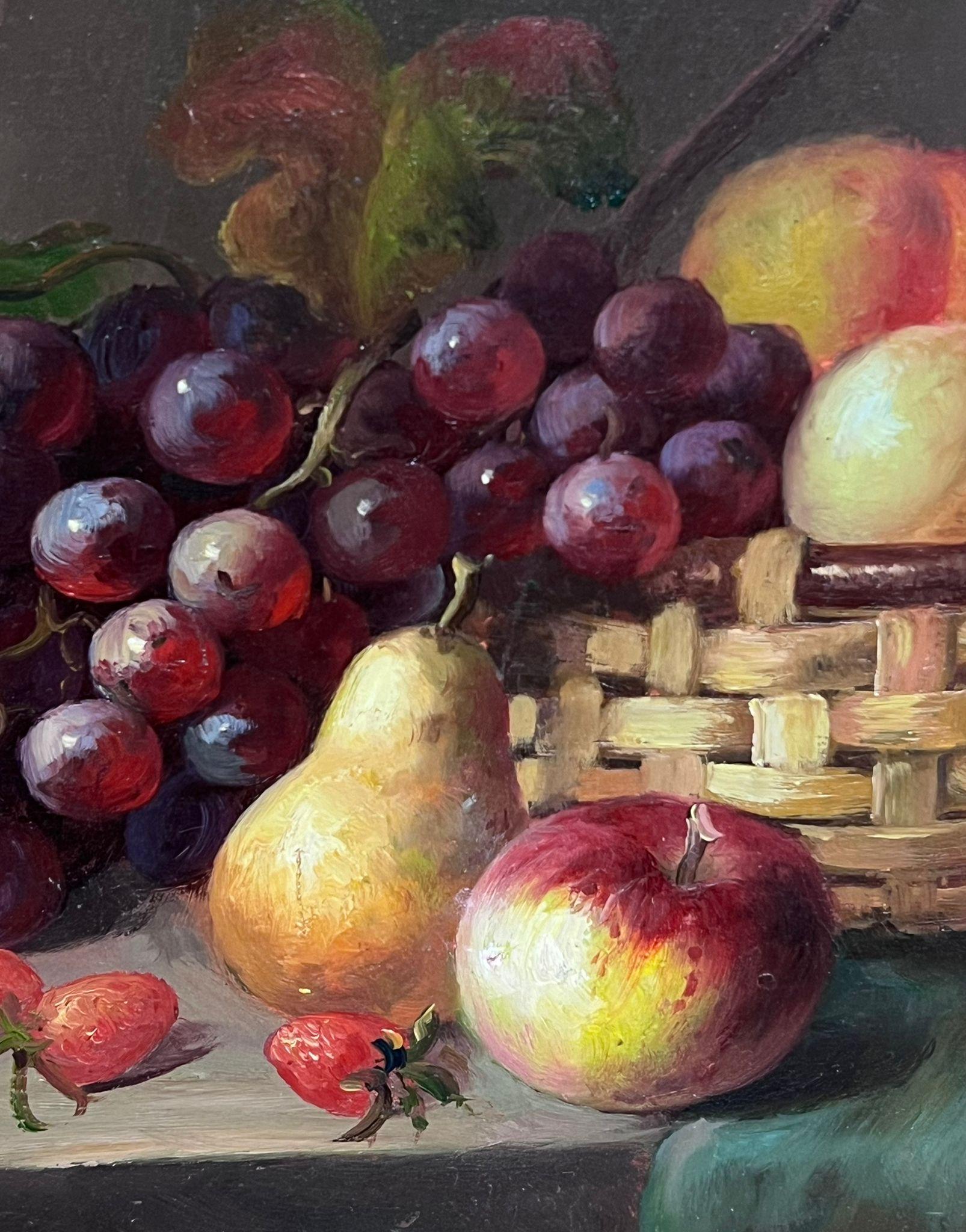 Fino bodegón clásico Fruta en cesta de mimbre Cuadro al óleo firmado Marco dorado en venta 2