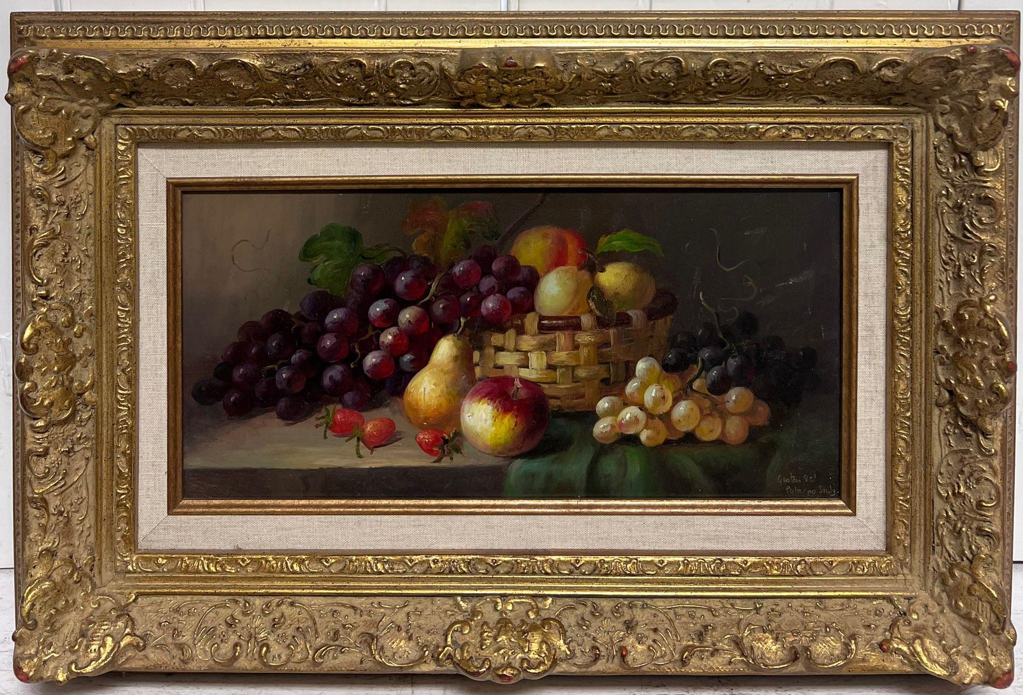 Fino bodegón clásico Fruta en cesta de mimbre Cuadro al óleo firmado Marco dorado
