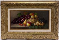 Fino bodegón clásico Fruta en cesta de mimbre Cuadro al óleo firmado Marco dorado