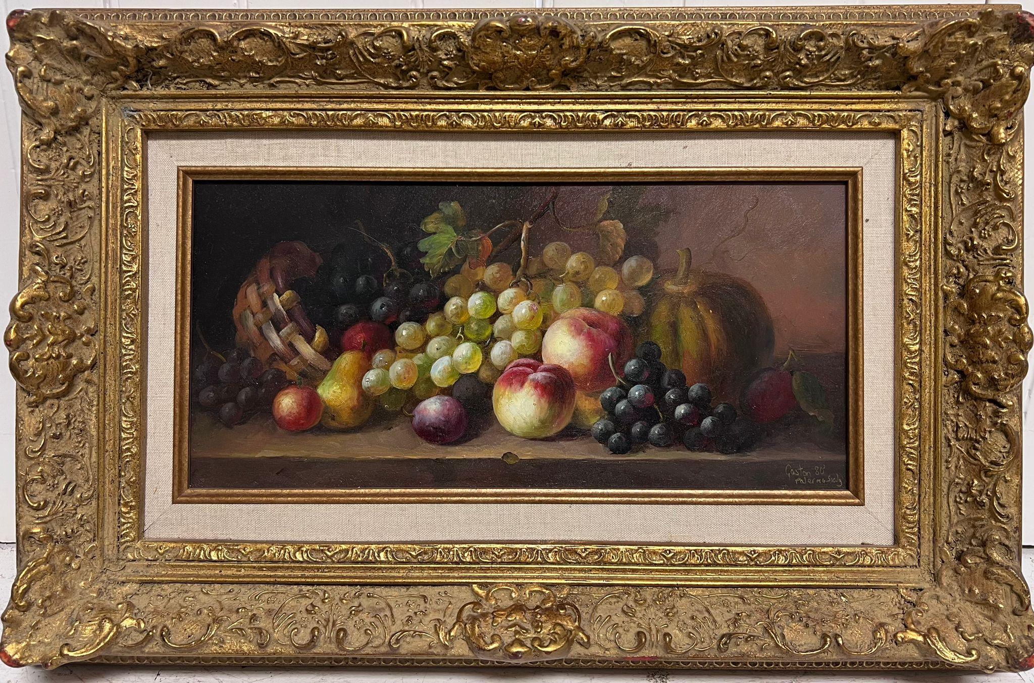 Fino bodegón clásico al óleo Fruta ornamentada en elaborado marco dorado