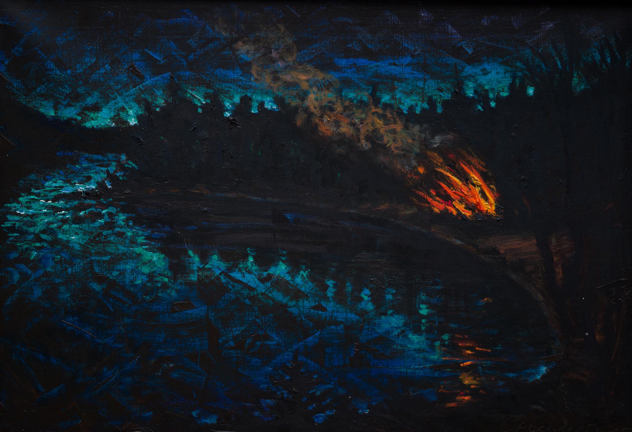 Nous sommes fiers de présenter "Réflexions sur la nuit de Walpurgis", une peinture enchanteresse de l'artiste germano-suédois Jonny Oppenheim (1923-2005). 
Cette pièce est une représentation captivante d'une scène nocturne sereine, mettant en valeur