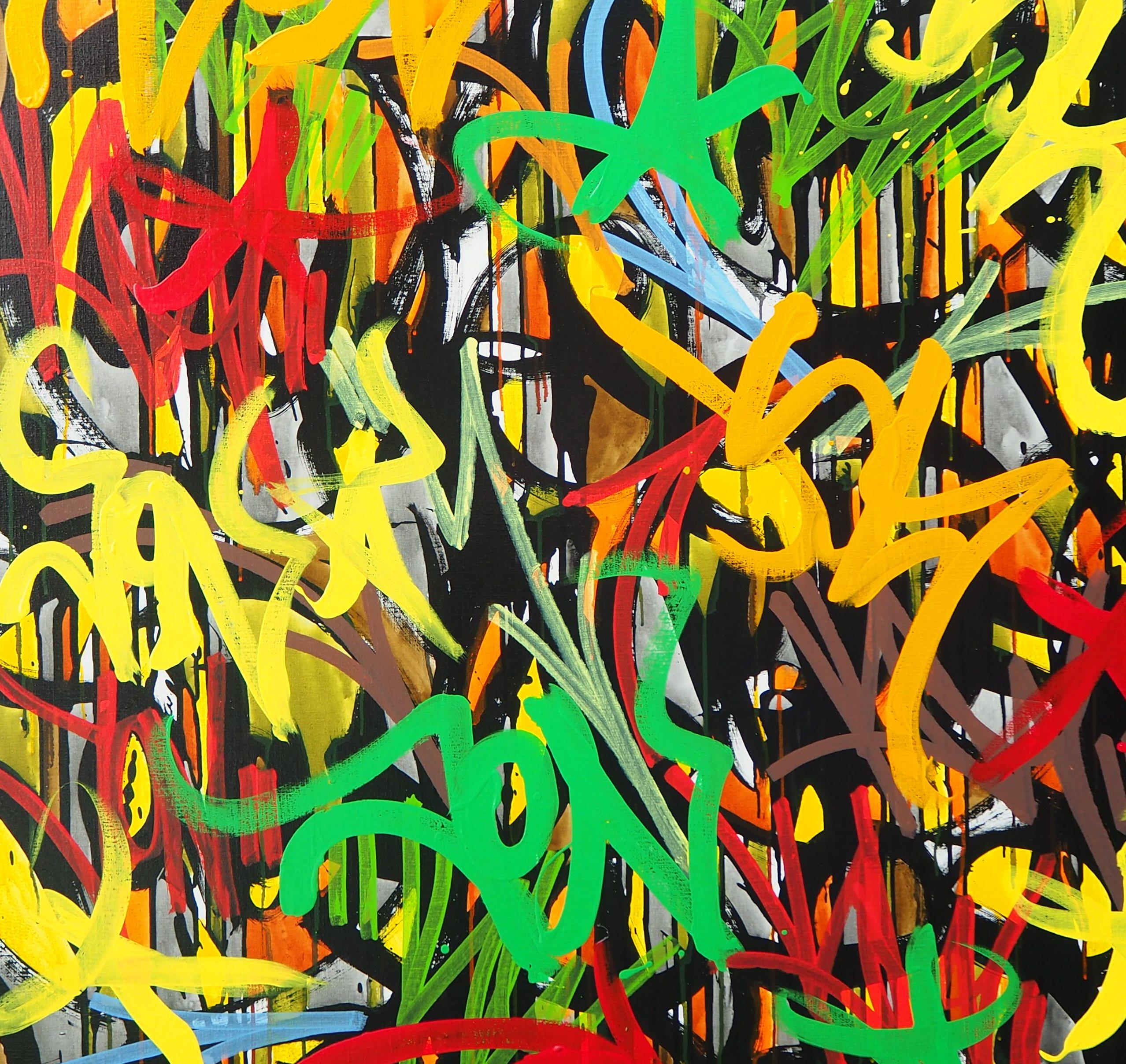 Jonone
Geschichte meines Lebens, 2010

Original Acrylfarbe auf Leinwand
Signiert und betitelt auf der Rückseite
Auf Leinwand 125 x 125 cm (ca. 49 x 49 Zoll)
Präsentiert mit einem schwarzen Holzrahmen 130 x 130 cm (ca. 51 x 51 Zoll)

Mit einem vom