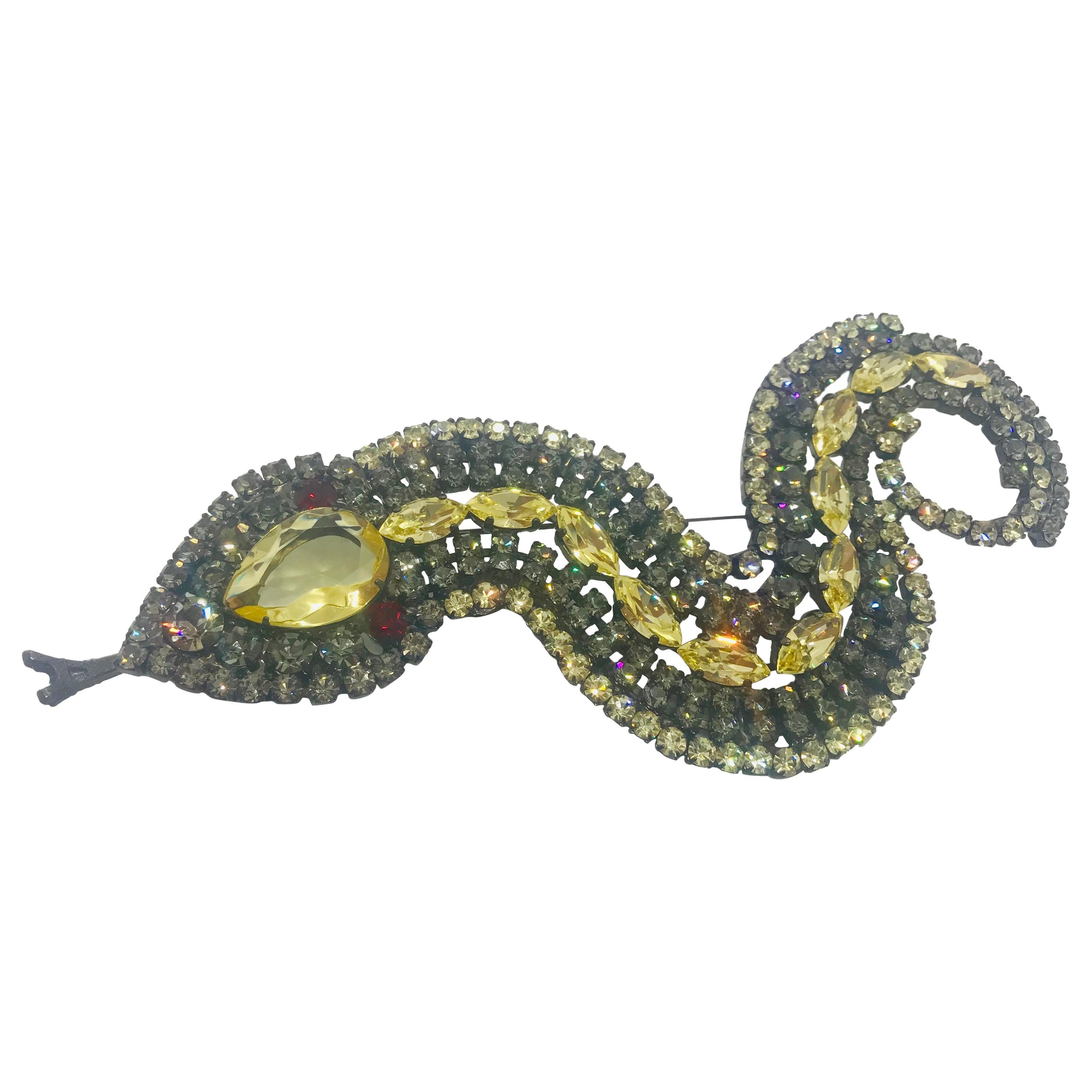 Jonquil Czech and Black Diamond Austrian Crystal Snake Brooch For Sale