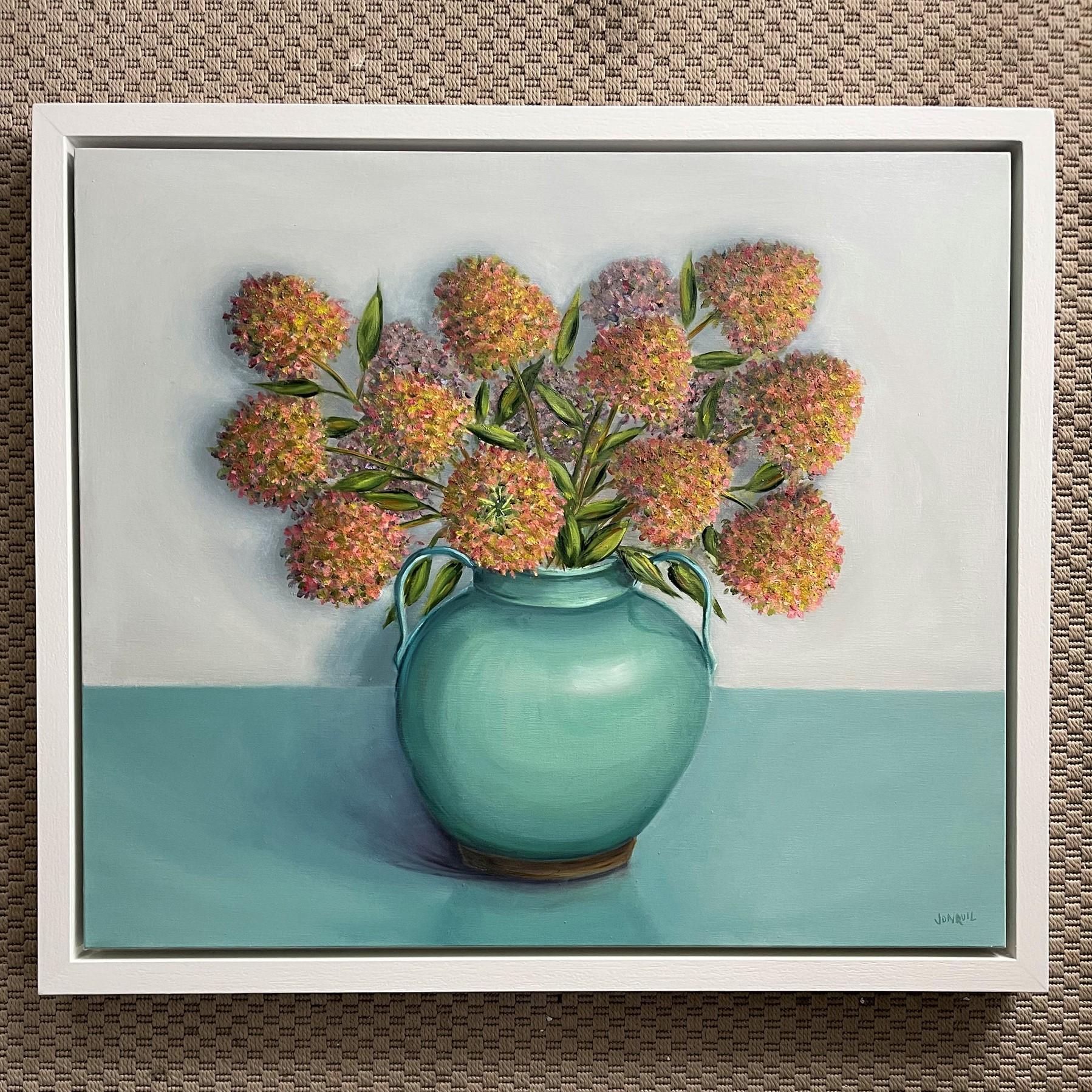 Autumnal Hydrangea Paniculata in a Celadon Jug painting by Jonquil Williamson For Sale 1