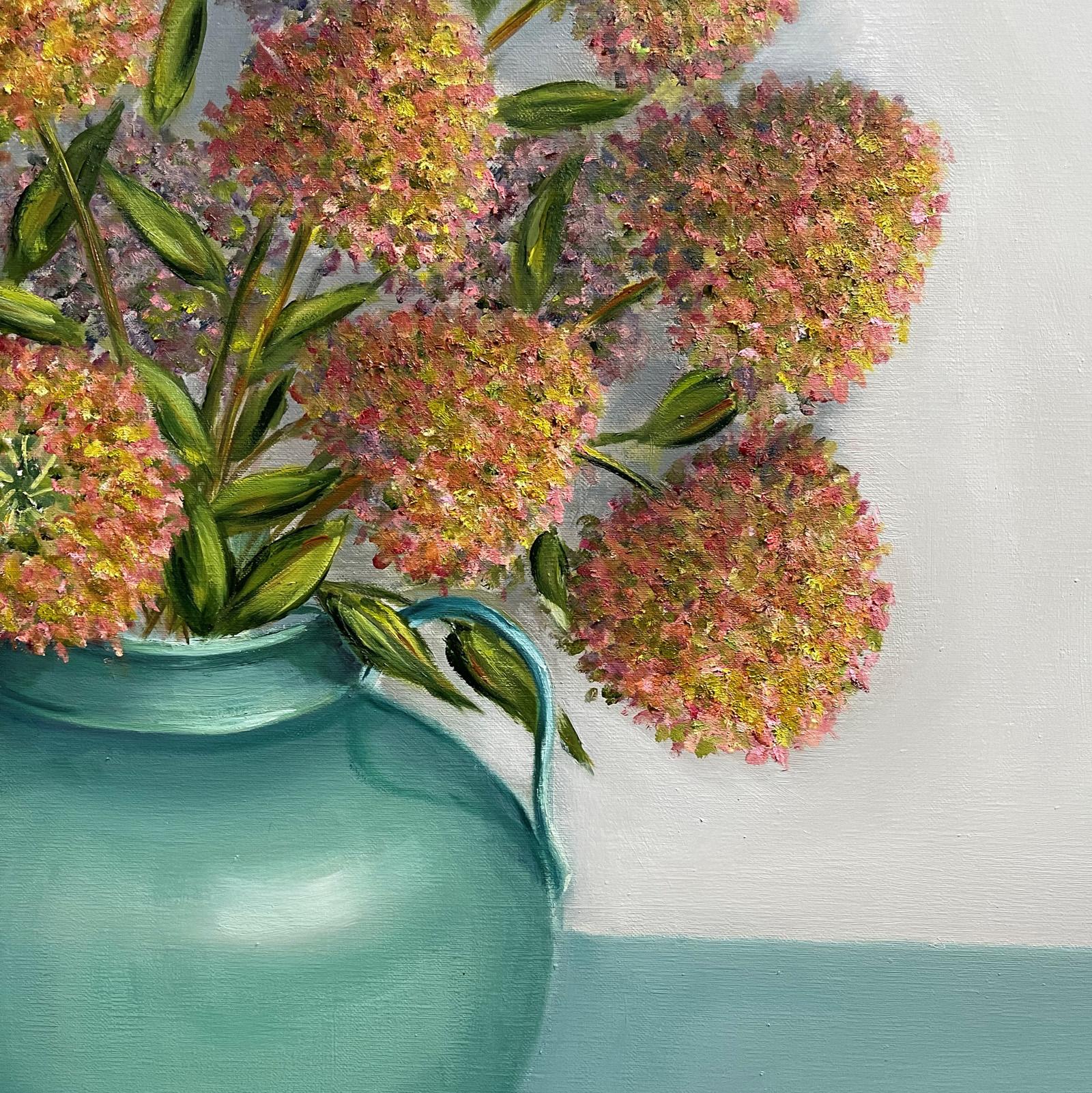 Autumnal Hydrangea Paniculata in a Celadon Jug painting by Jonquil Williamson For Sale 2