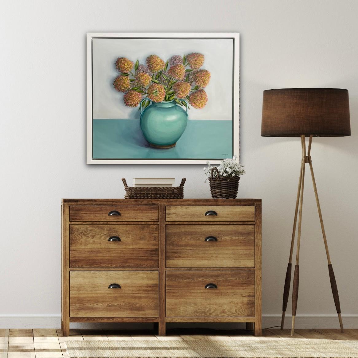 Autumnal Hydrangea Paniculata in a Celadon Jug painting by Jonquil Williamson For Sale 6