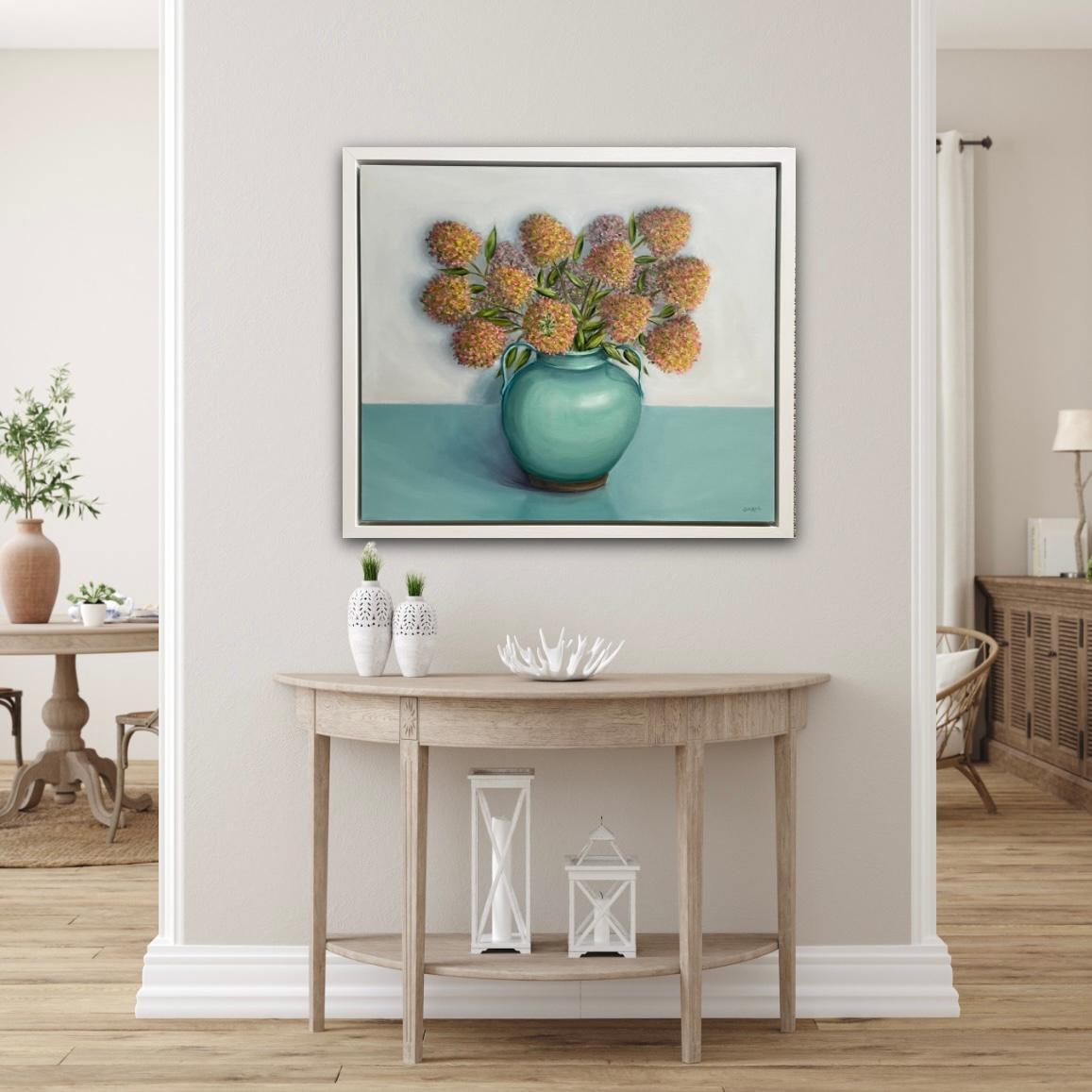 Autumnal Hydrangea Paniculata in a Celadon Jug painting by Jonquil Williamson For Sale 7