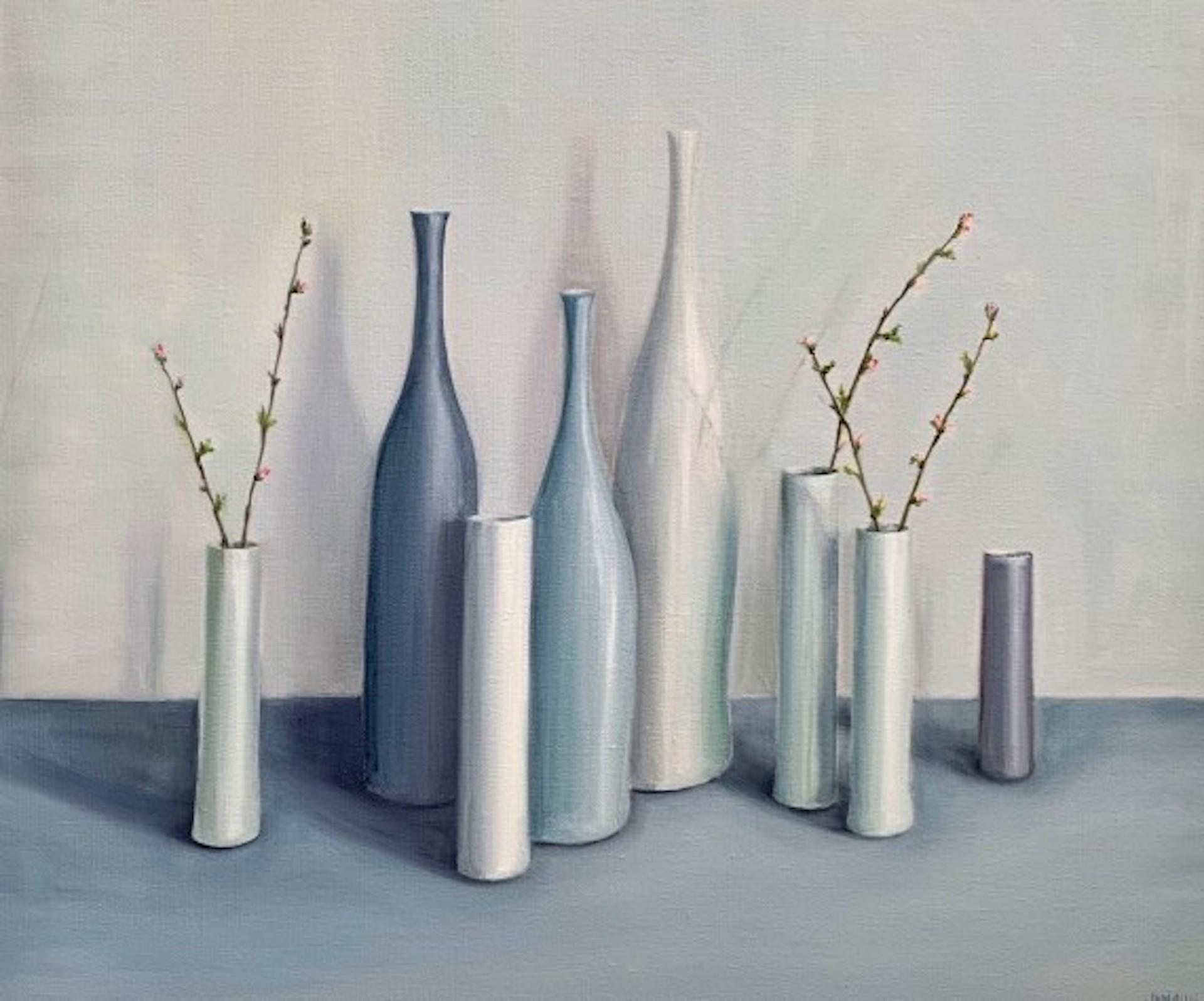 Jonquil Williamson, Bottles and Cylinders with Cherry Blossom Twigs