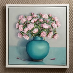 Pale Pink Peonies sit in a Celadon Jug floral painting by Jonquil Williamson