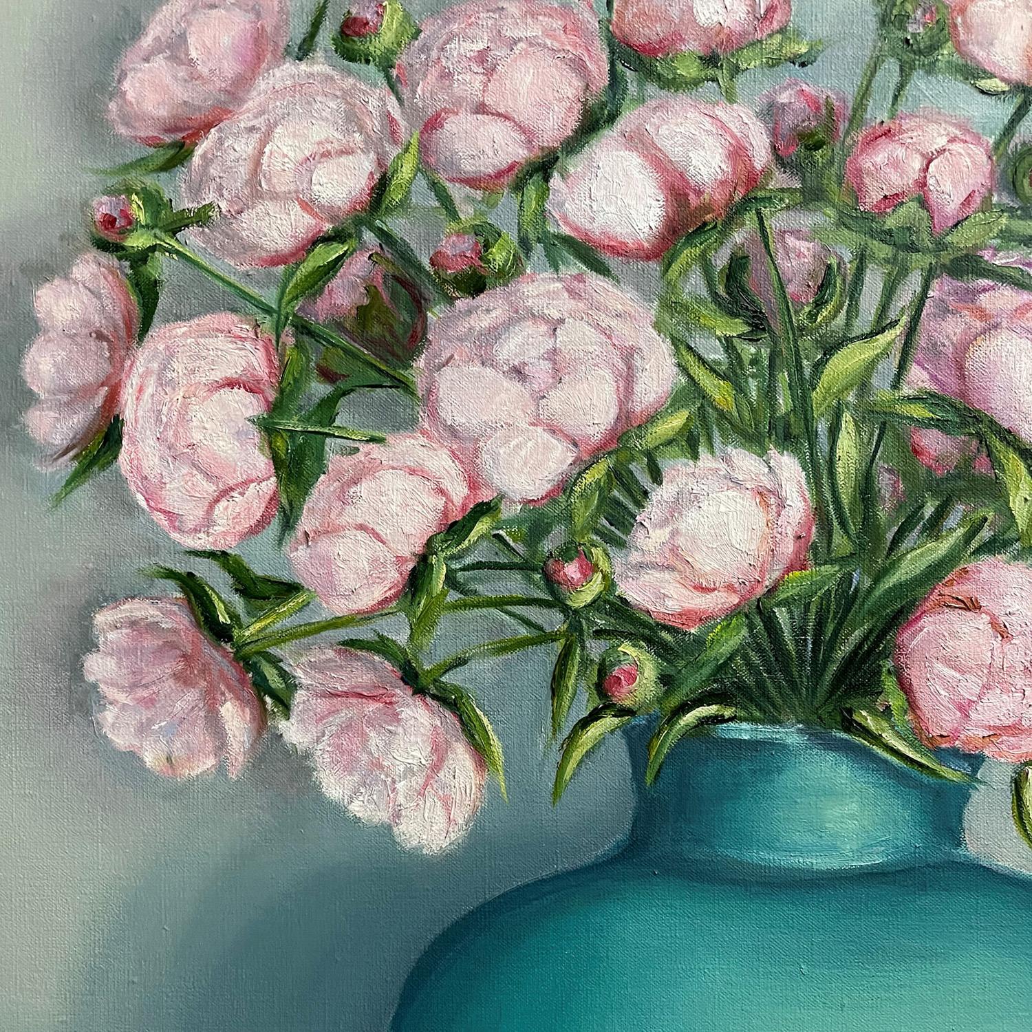 Pale Pink Peonies sit in a Celadon Jug floral painting by Jonquil Williamson For Sale 2