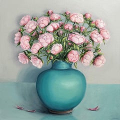 Pale Pink Peonies sit in a Celadon Jug floral painting by Jonquil Williamson 