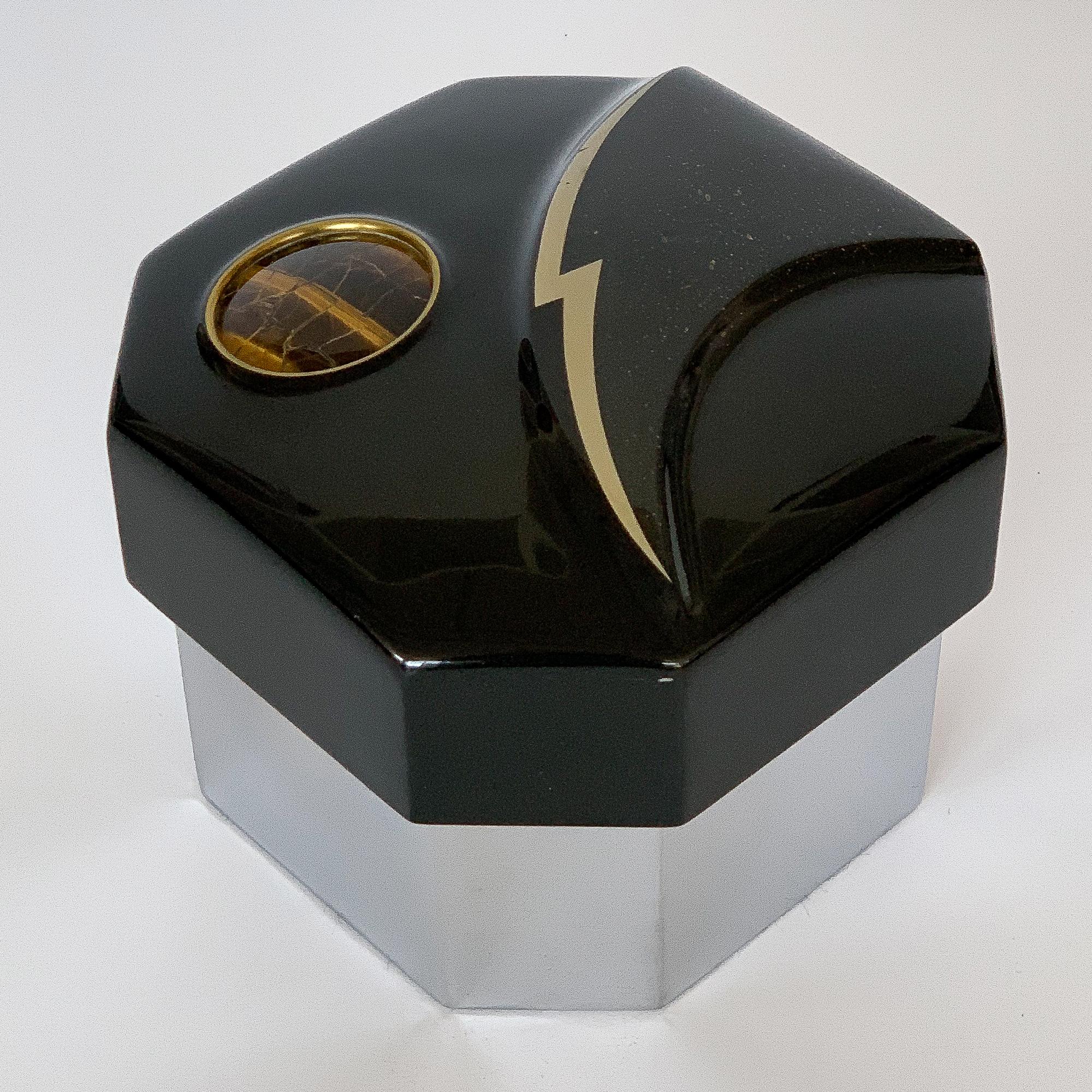 Modern Jonson & Marcius Black Lacquered and Chrome Box Inlaid with Tiger's Eye