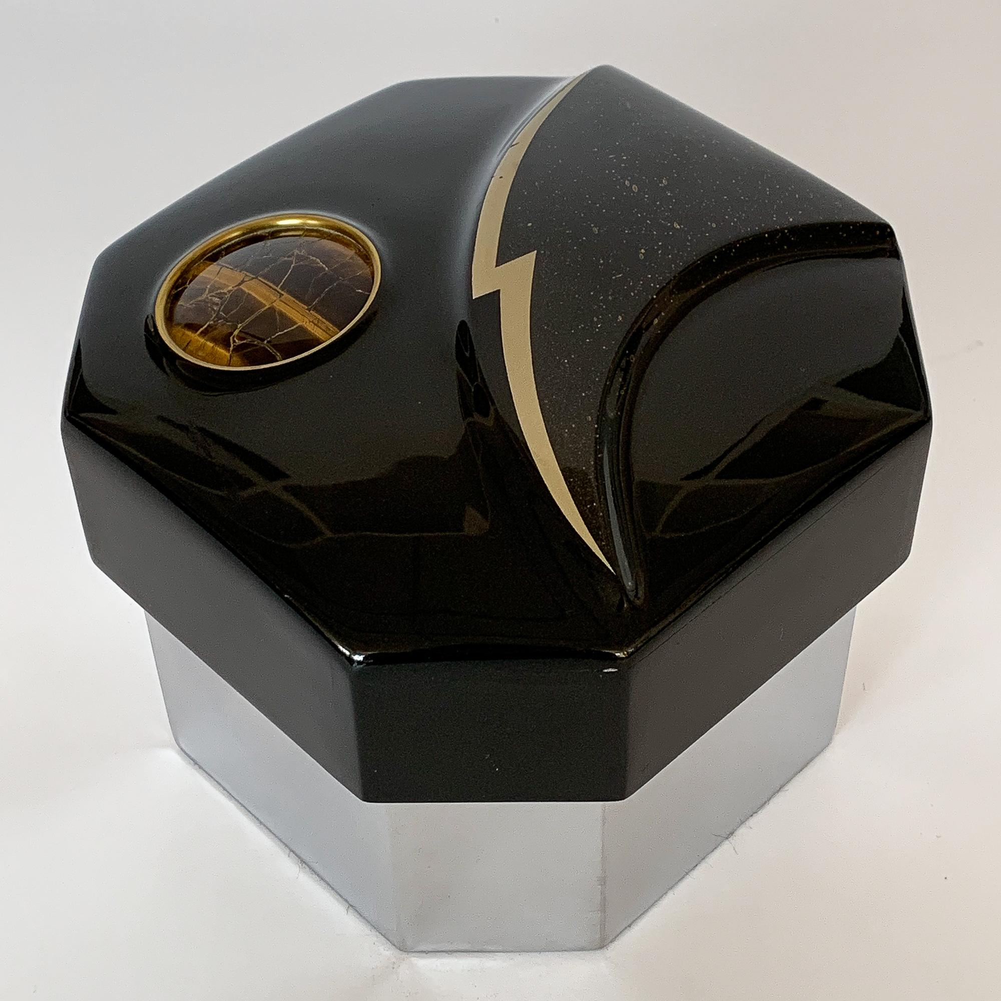 American Jonson & Marcius Black Lacquered and Chrome Box Inlaid with Tiger's Eye