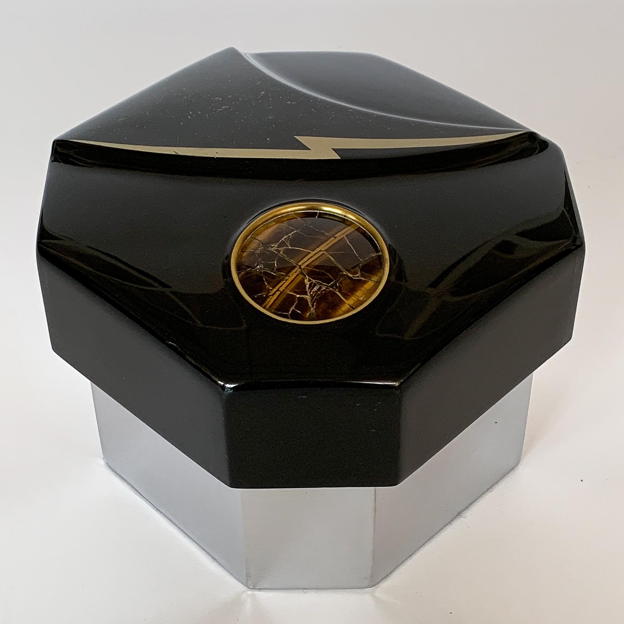 Jonson & Marcius Black Lacquered and Chrome Box Inlaid with Tiger's Eye In Excellent Condition In Chicago, IL