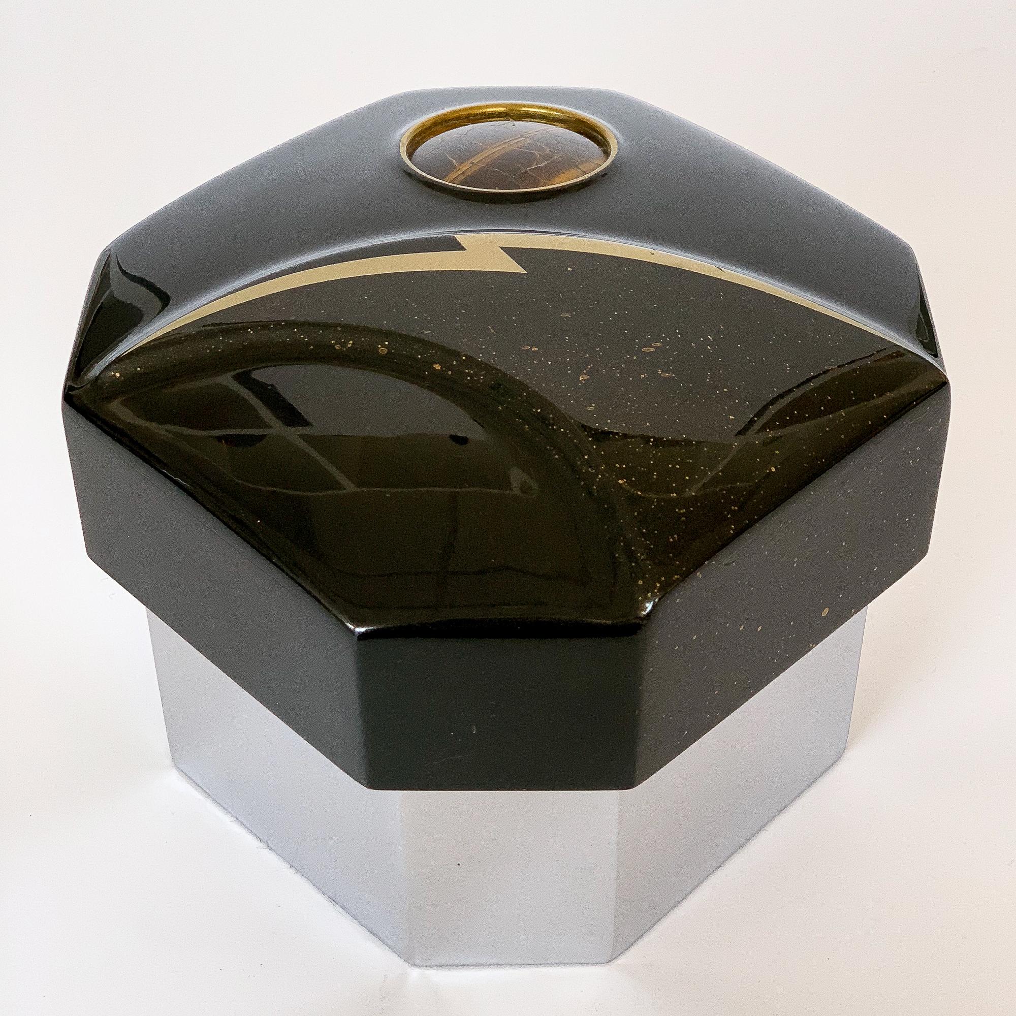 Late 20th Century Jonson & Marcius Black Lacquered and Chrome Box Inlaid with Tiger's Eye