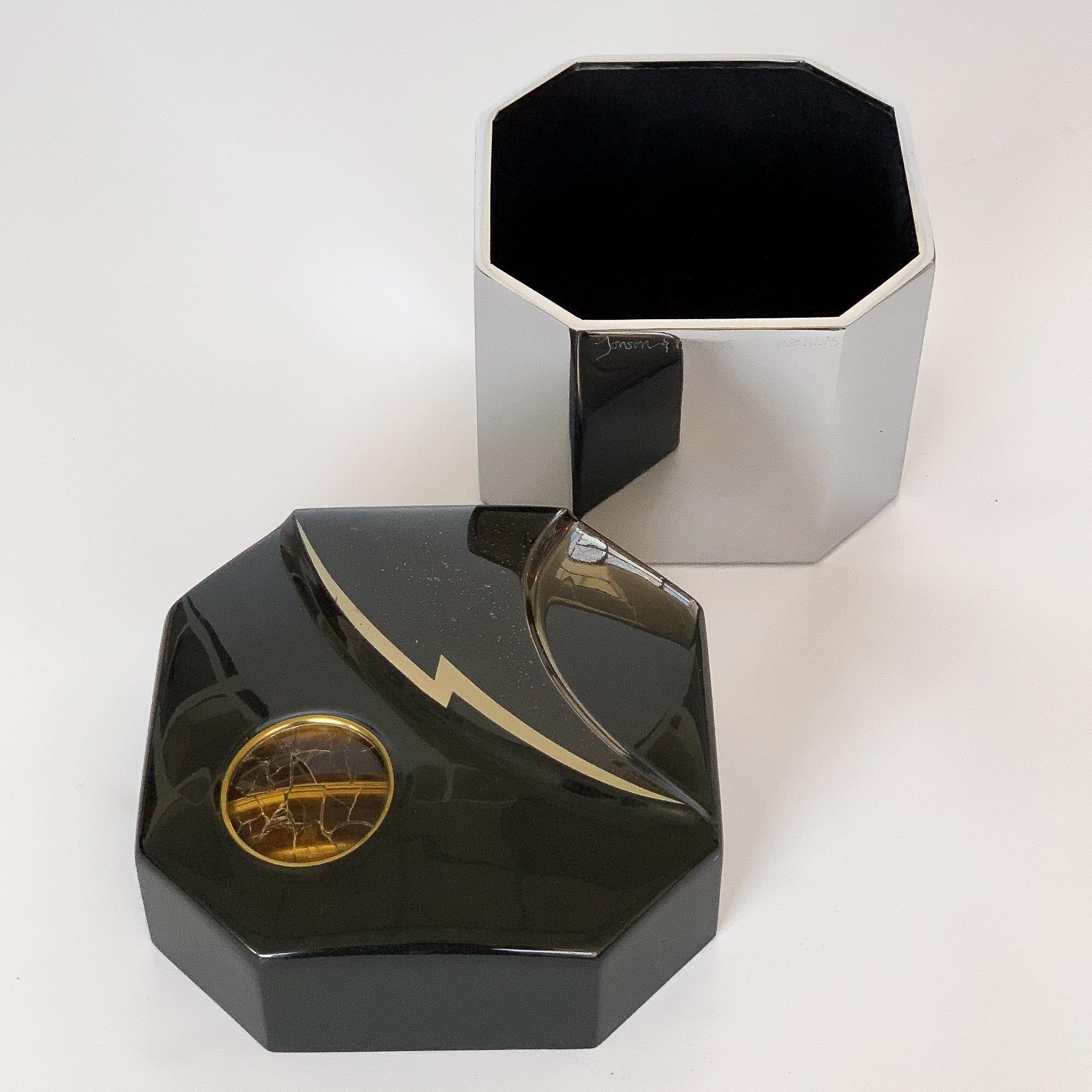 Brass Jonson & Marcius Black Lacquered and Chrome Box Inlaid with Tiger's Eye