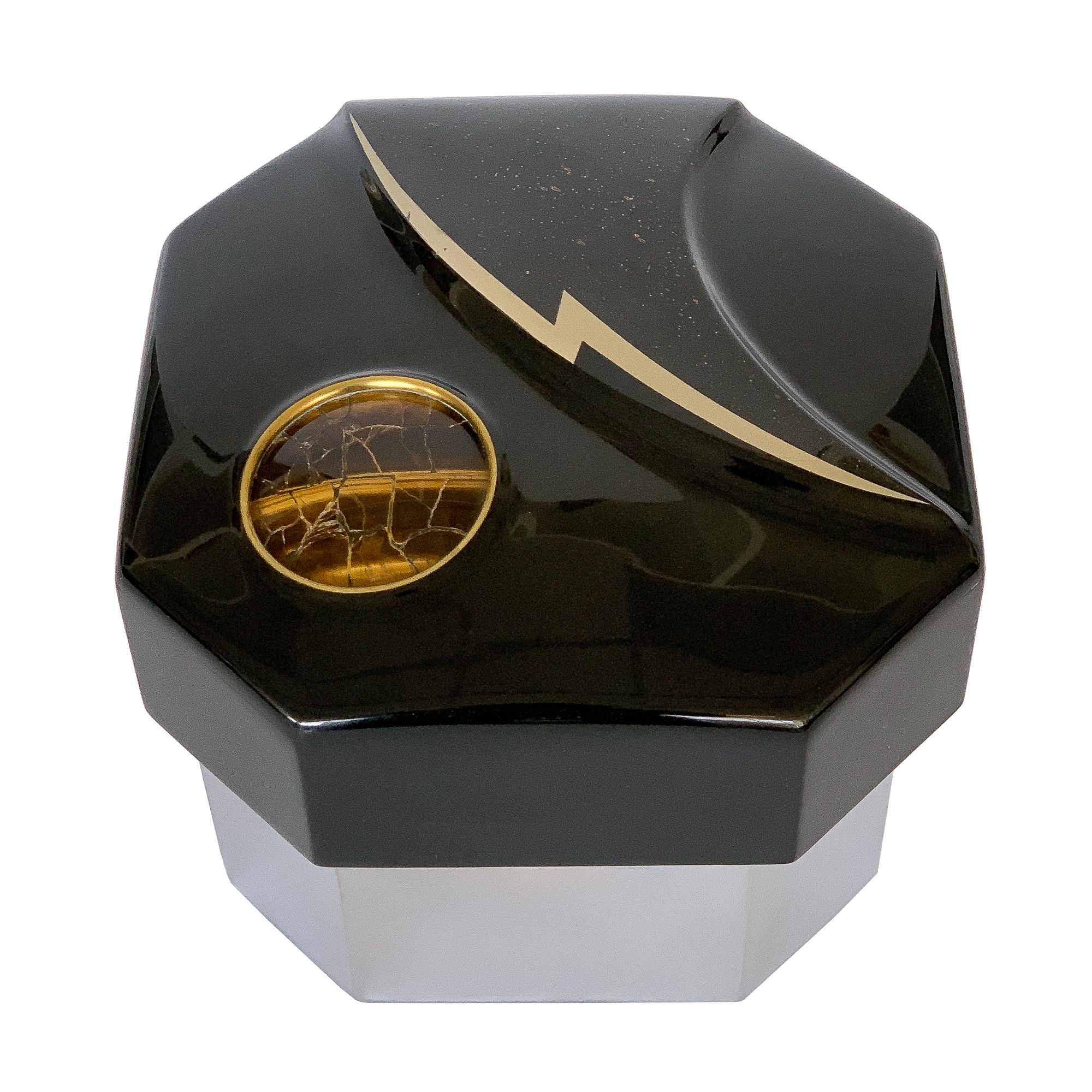Jonson & Marcius Black Lacquered and Chrome Box Inlaid with Tiger's Eye