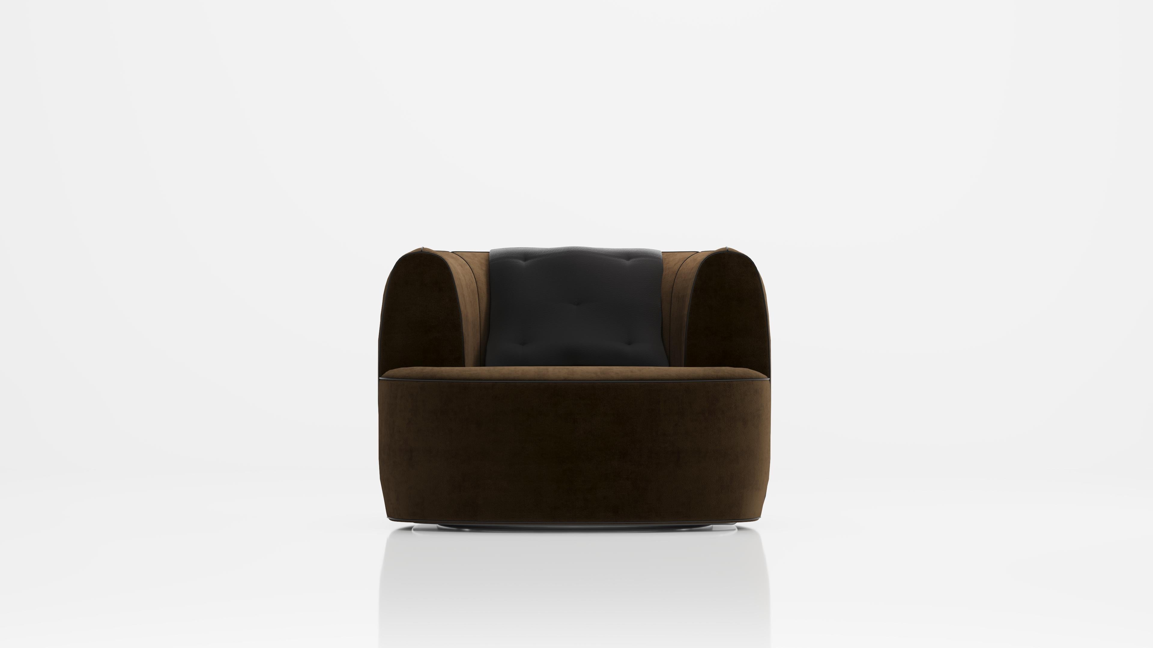 The design, inspired by the camel saddlebag, consists of a swivel-legged armchair and its accessory on the back. You can personalize the combination of velvet fabric with a wide color palette and genuine leather trim and accessory according to your
