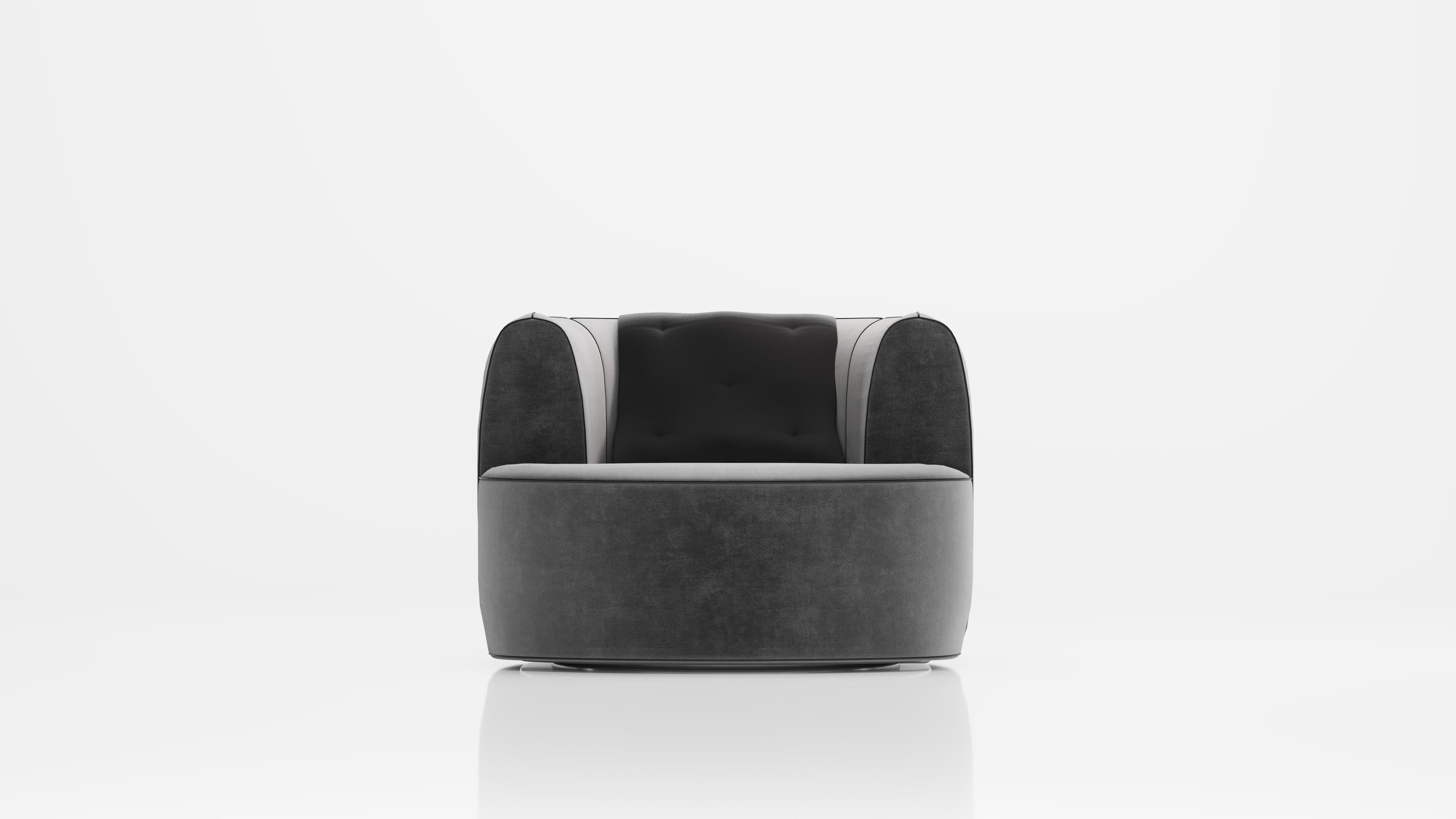 Il design, ispirato alla bisaccia del cammello, consiste in una poltrona con gambe girevoli e il suo accessorio sulla schiena. Puoi personalizzare la combinazione di tessuto in velluto con un'ampia gamma di colori e finiture in vera pelle e