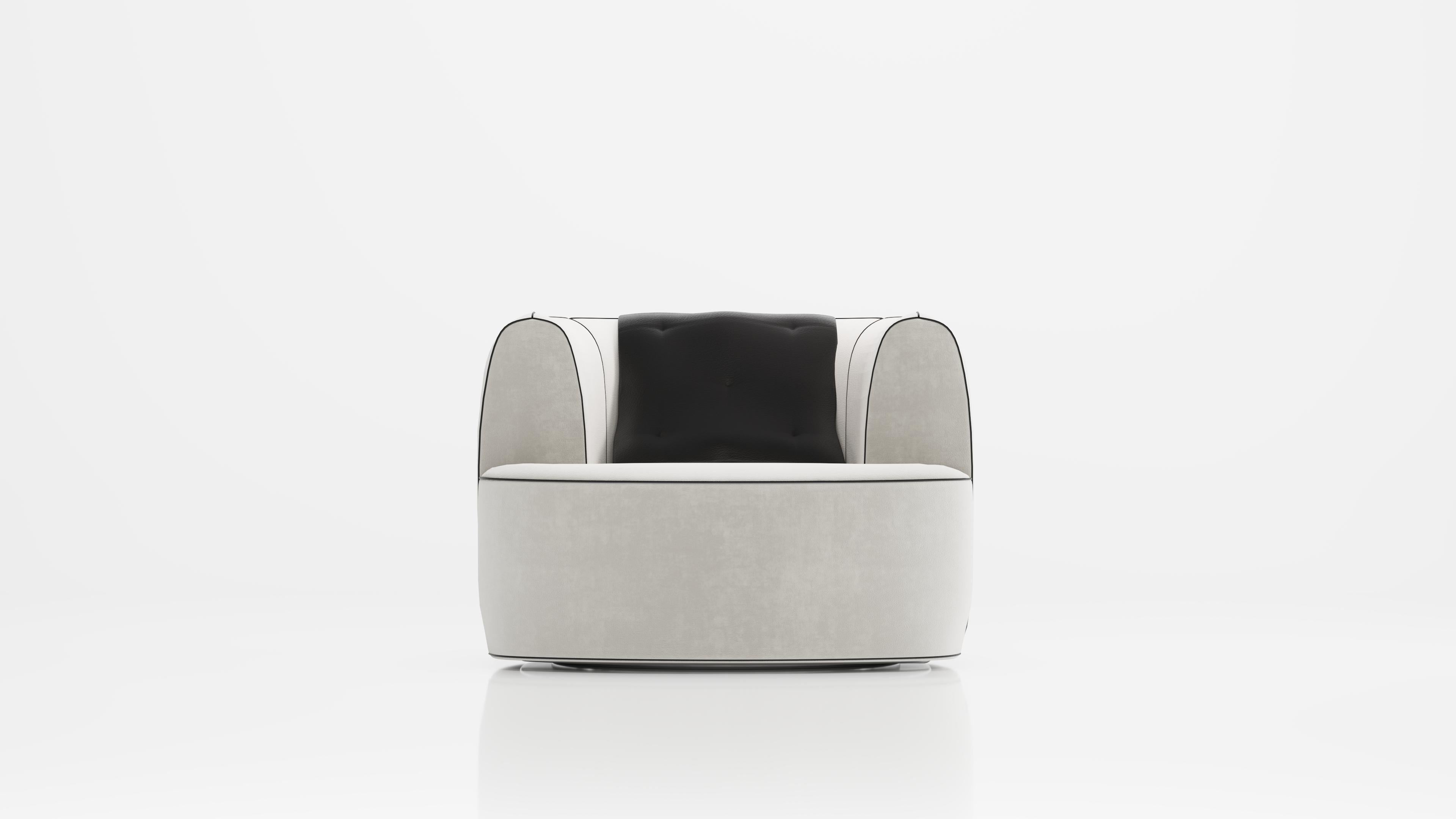 Das von der Kamelsatteltasche inspirierte Design besteht aus einem drehbaren Sessel und seinem Zubehör an der Rückenlehne. Sie können die Kombination aus Samtstoff mit einer breiten Farbpalette und echtem Lederbesatz und Zubehör nach Ihren eigenen