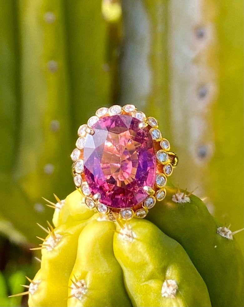 A ring of a rubellite tourmaline of 14.05 carats and diamonds, handcrafted in 18 karat rose gold.

This beautiful rubellite tourmaline ring surrounded by diamonds set in rose gold is a gorgeous stunner. The amazing cut of this ring brings forth