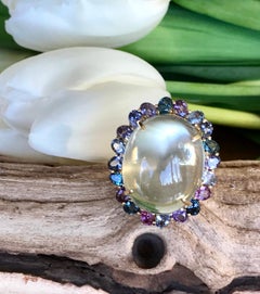 18 Karat Yellow Gold 28.83 Carats Green Moonstone Multi Spinel Cocktail Ring