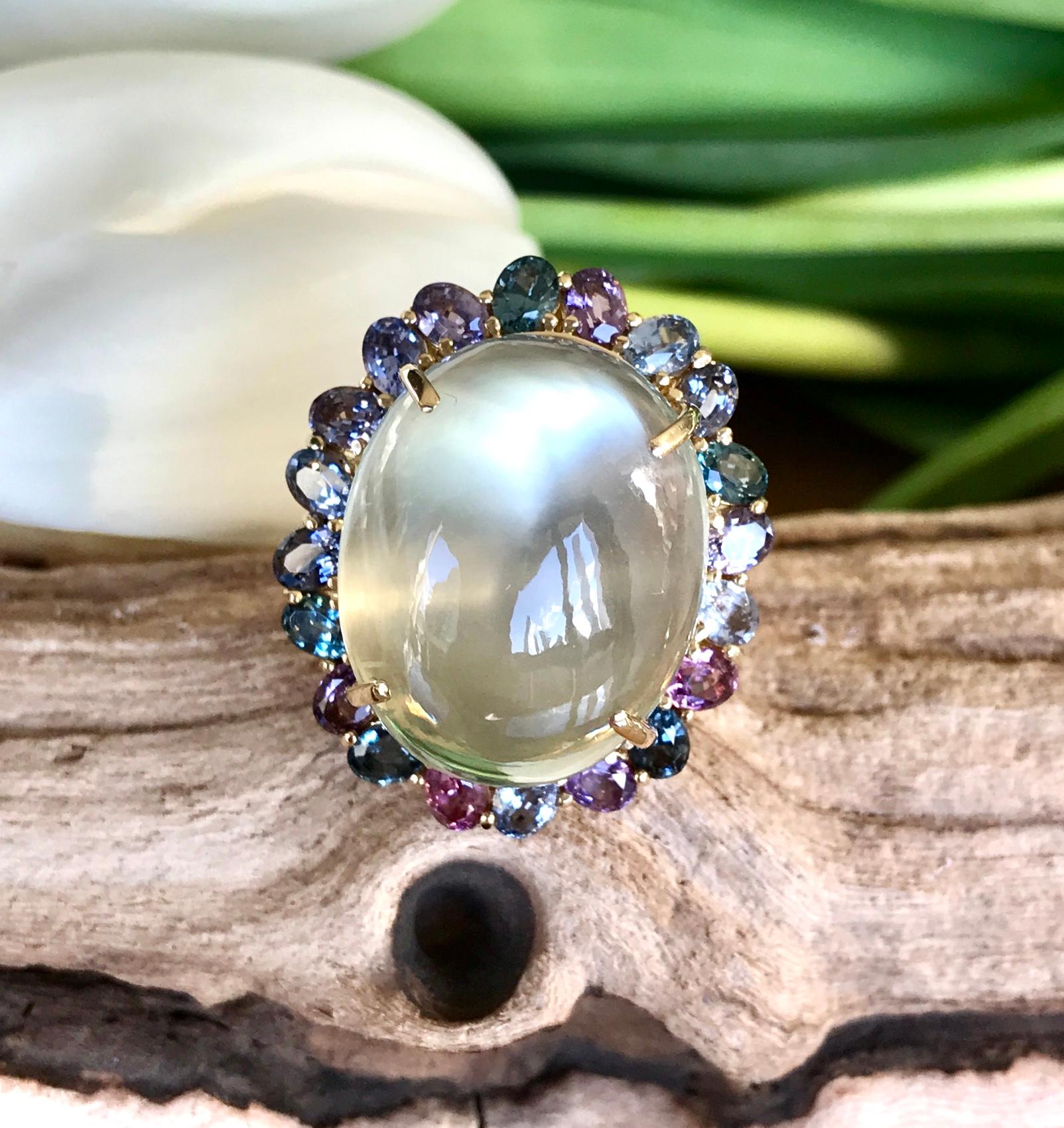 Mixed Cut 18 Karat Yellow Gold 28.83 Carats Green Moonstone Multi Spinel Cocktail Ring For Sale