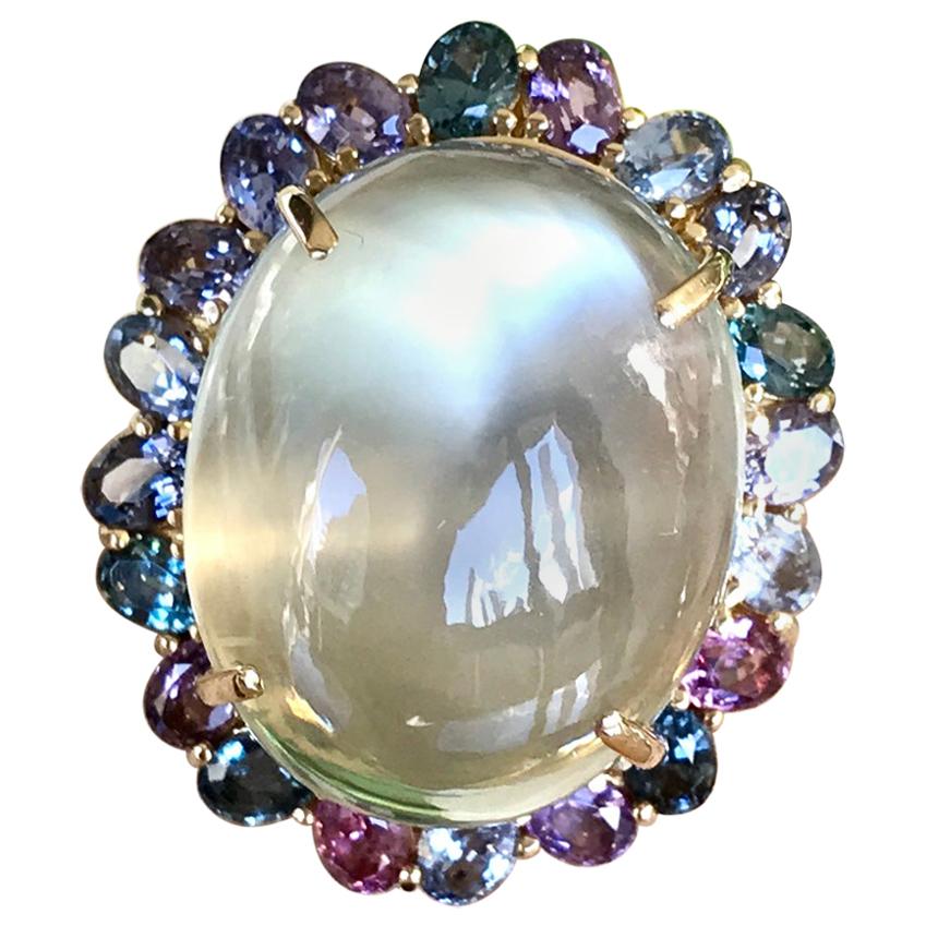 Women's or Men's 18 Karat Yellow Gold 28.83 Carats Green Moonstone Multi Spinel Cocktail Ring For Sale