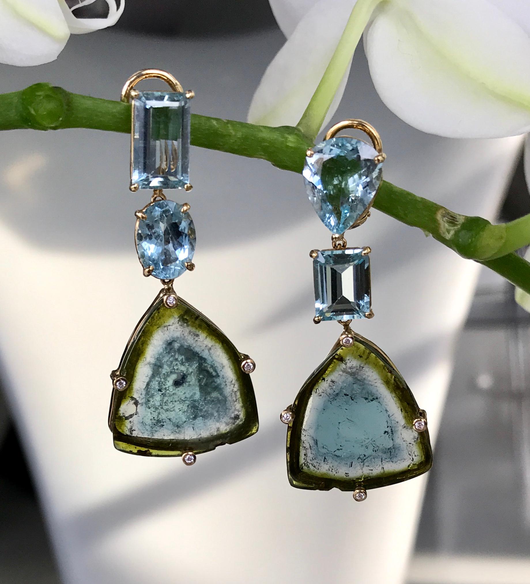 18 Karat Yellow Gold Aquamarine Bicolor Tourmaline Diamond Drop Dangle Earrings In New Condition For Sale In New York, NY