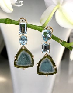 Joon Han Aquamarine Bicolor Tourmaline Diamond 18K Gold Drop Dangle Earrings