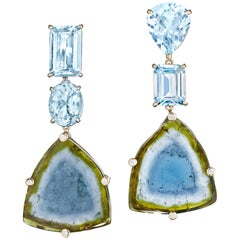 Joon Han Aquamarine Bicolor Tourmaline Diamond 18K Gold Drop Dangle Earrings Joon Han Aquamarine Bicolor Tourmaline Diamond 18K Gold Drop Dangle Earrings