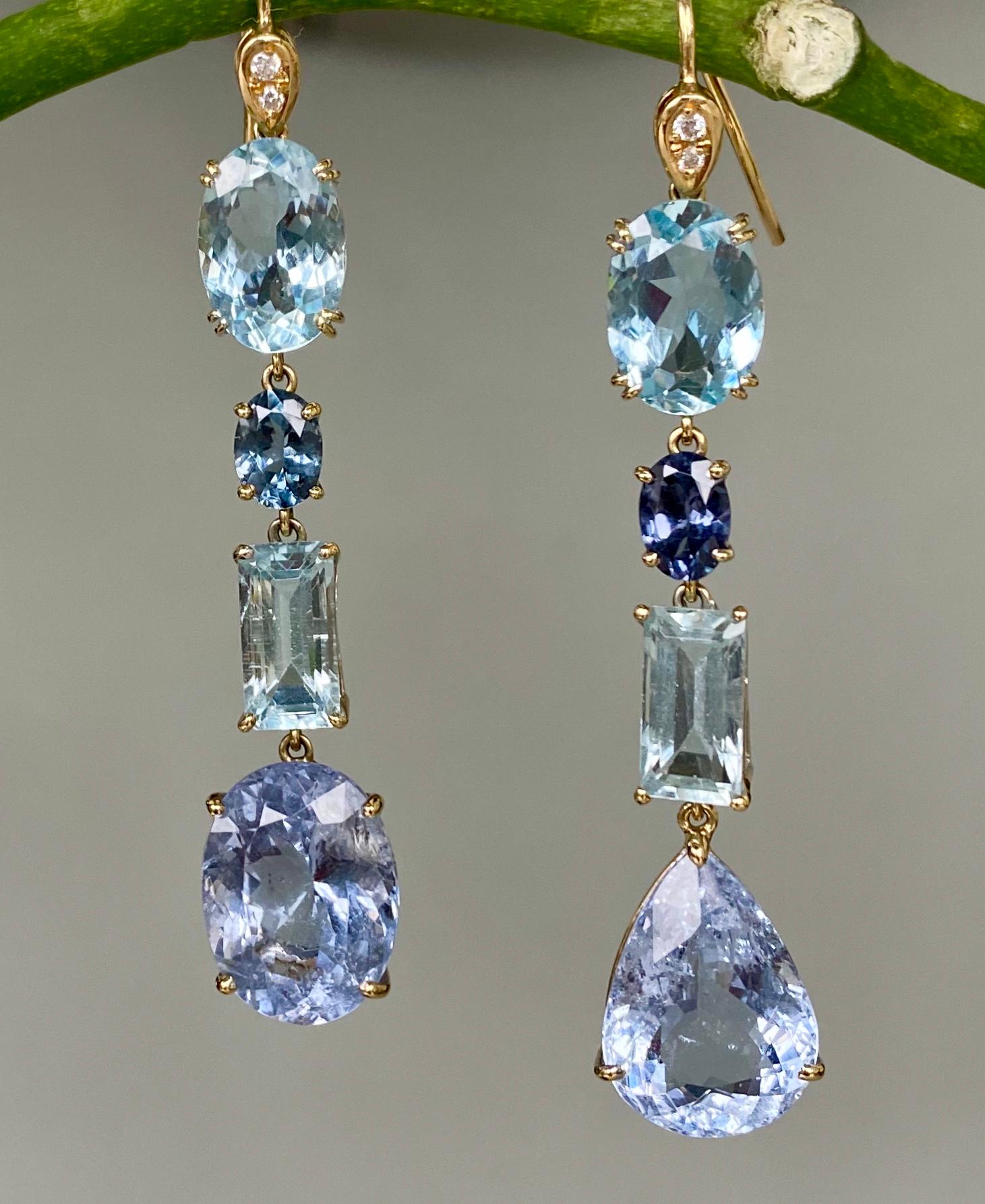 Mixed Cut 18 Karat Yellow Gold Aquamarine Blue Beryl Sapphire Diamond Drop Dangle Earrings