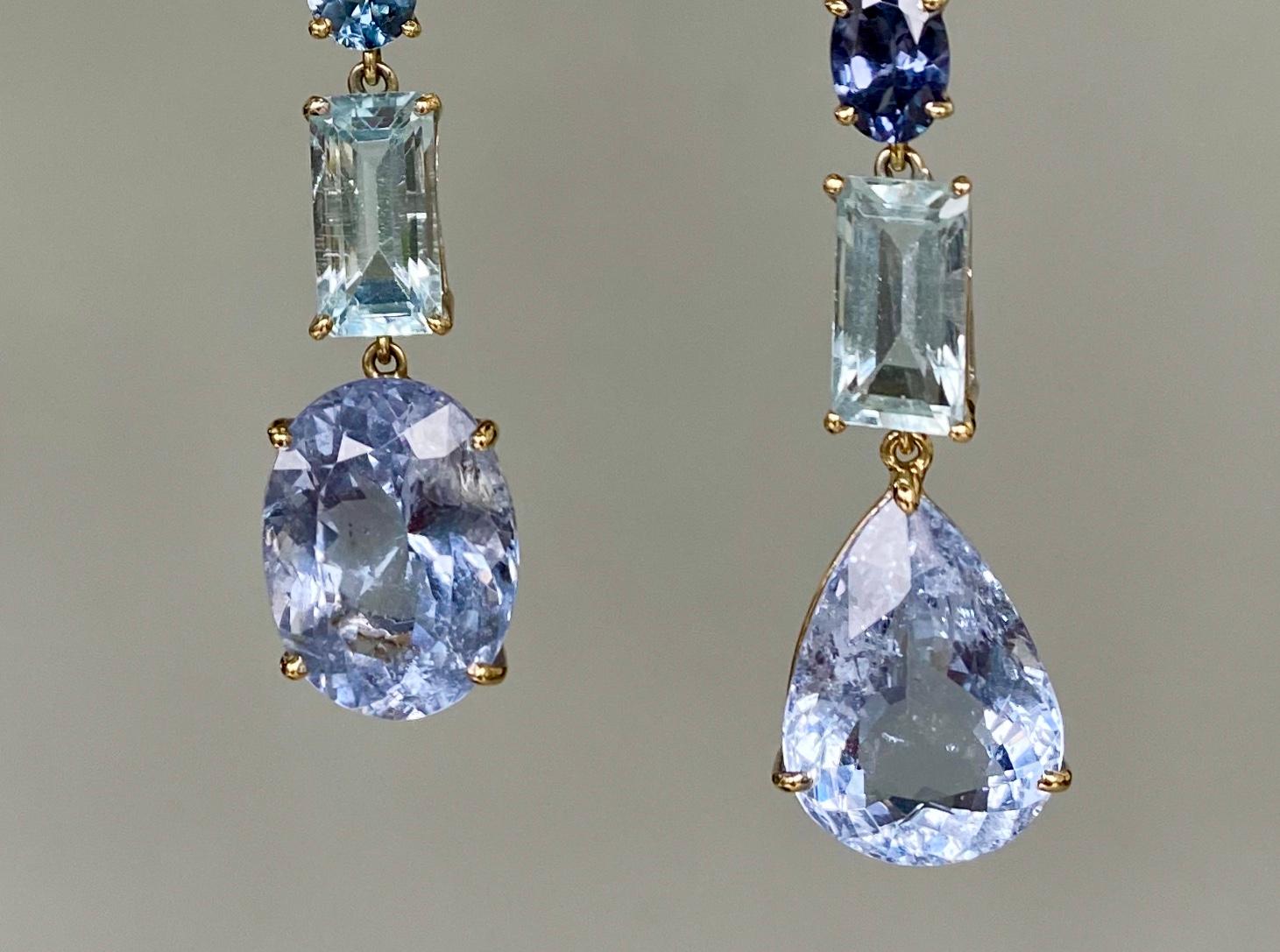Women's 18 Karat Yellow Gold Aquamarine Blue Beryl Sapphire Diamond Drop Dangle Earrings