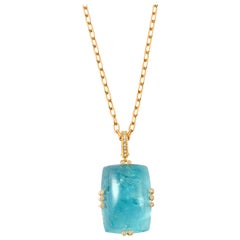 18 Karat Yellow Gold Cabochon Aquamarine Diamond Pendant Necklace
