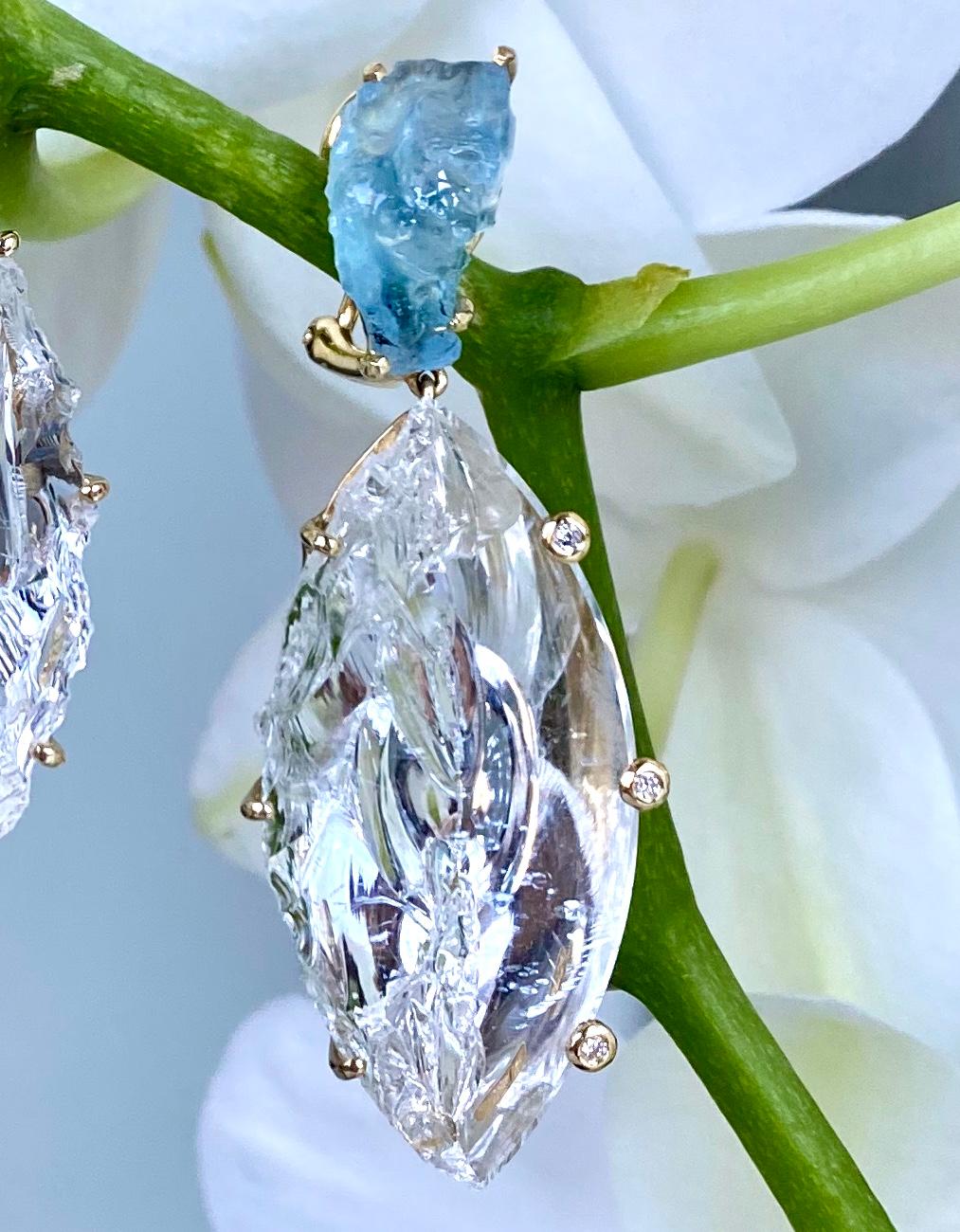 Mixed Cut 18 Karat Yellow Gold Aquamarine Carved White Quartz Diamond Dangle Earrings For Sale