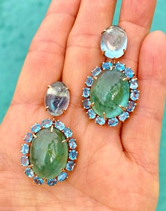 Pendants d'oreilles en or rose 18 carats avec aigue-marine, béryl vert et topaze bleue