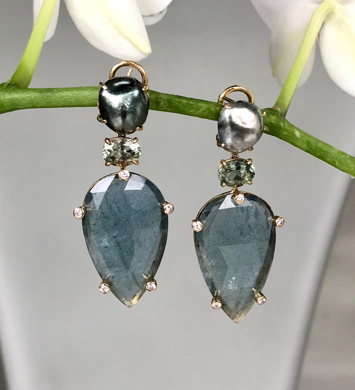 Joon Han Aquamarine Tahitian Pearl Tourmaline Diamond 18K Gold Drop Earring In New Condition For Sale In New York, NY