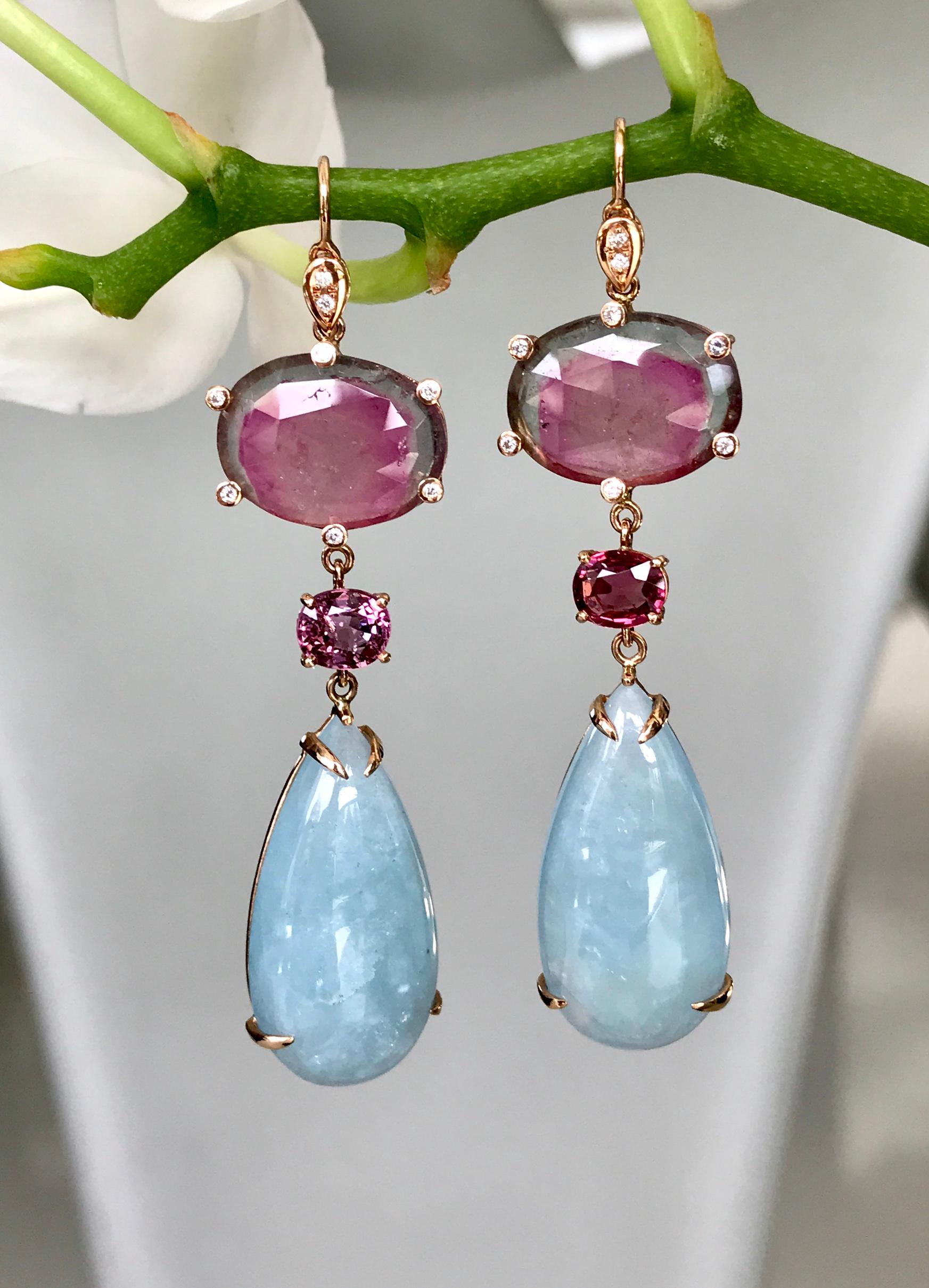 Joon Han Bicolor Tourmaline Aquamarine Spinel Diamond 18K Gold Drop Earrings  In New Condition For Sale In New York, NY