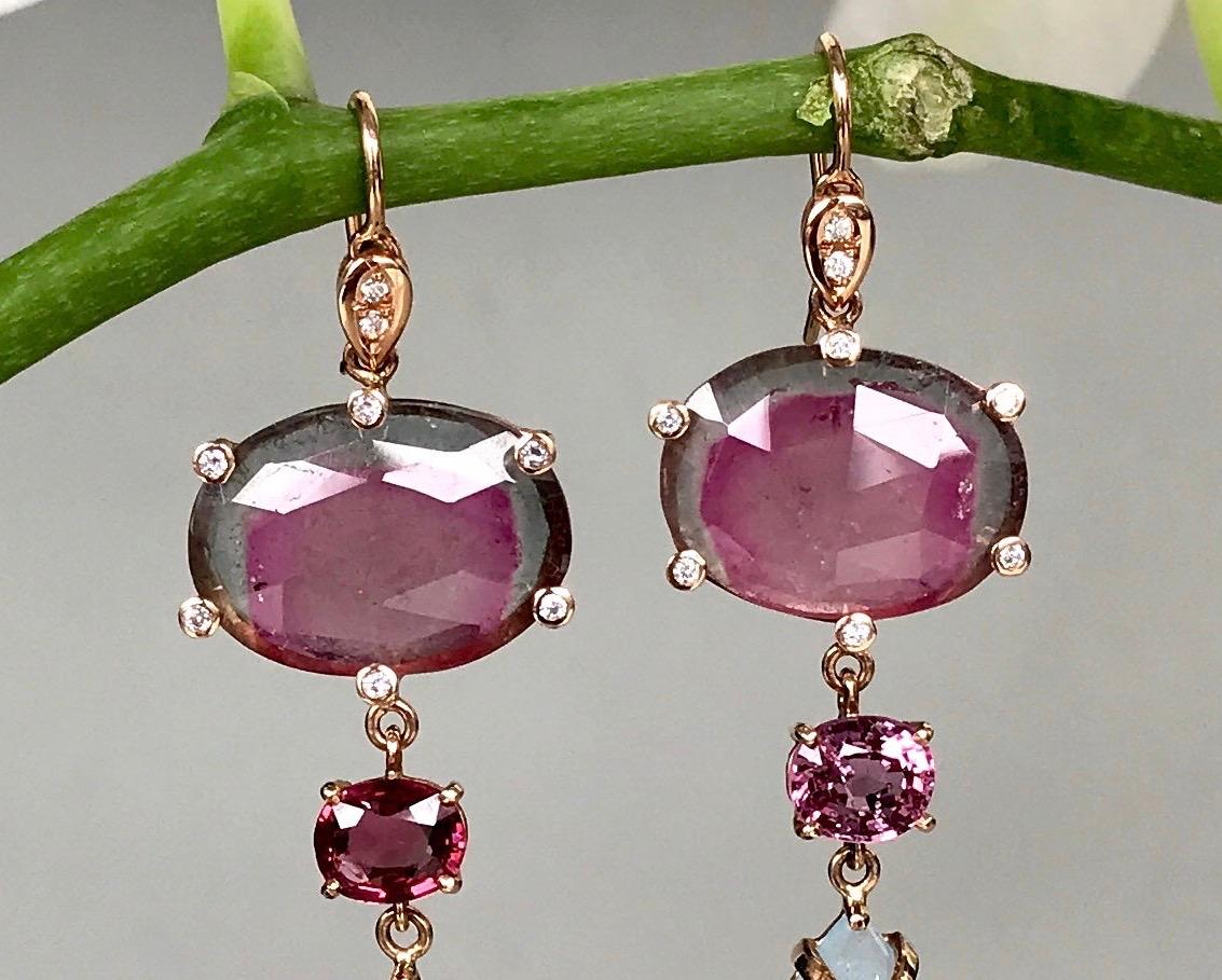 Contemporary 18 Karat Rose Gold Bicolor Tourmaline Aquamarine Spinel Diamond Drop Earrings For Sale