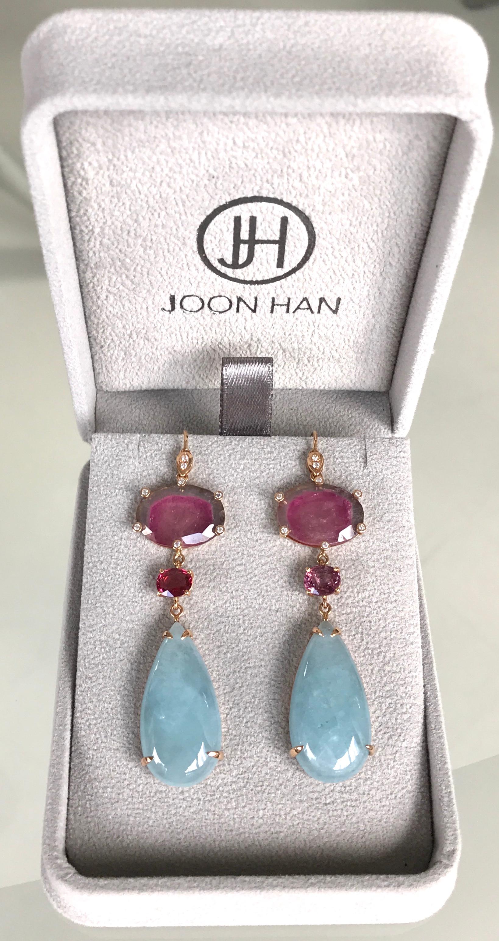Joon Han Bicolor Tourmaline Aquamarine Spinel Diamond 18K Gold Drop Earrings  For Sale 3
