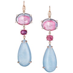 Joon Han Bicolor Tourmaline Aquamarine Spinel Diamond 18K Gold Drop Earrings